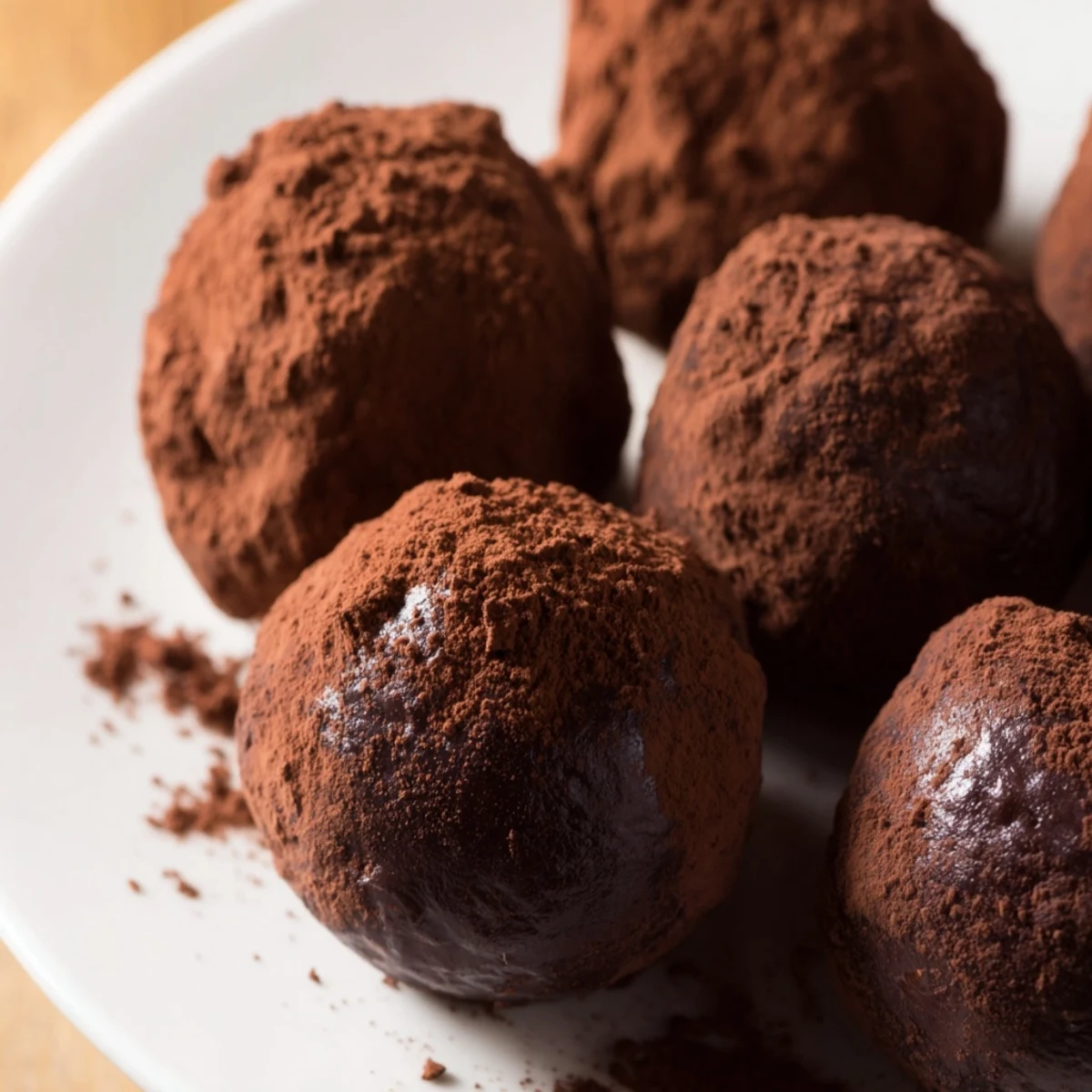 Dark Chocolate Truffles with cocoa powder coating displayed on a marble countertop with a glass of port wine.