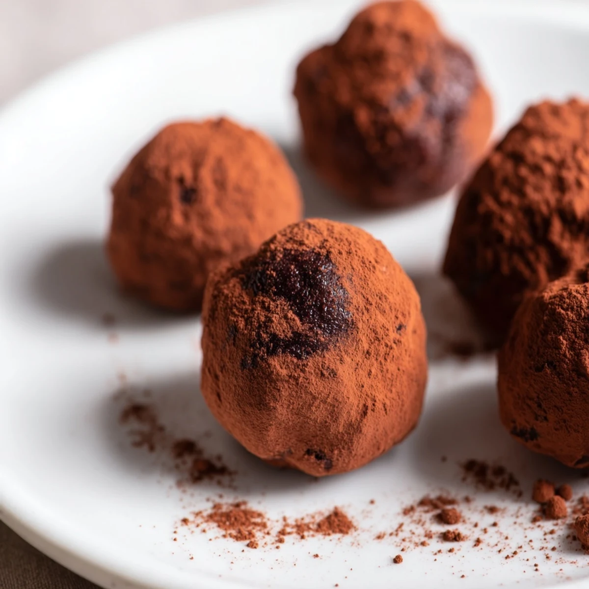 A close-up of rich Chocolate Truffles coated in cocoa powder, arranged elegantly on a small serving plate.