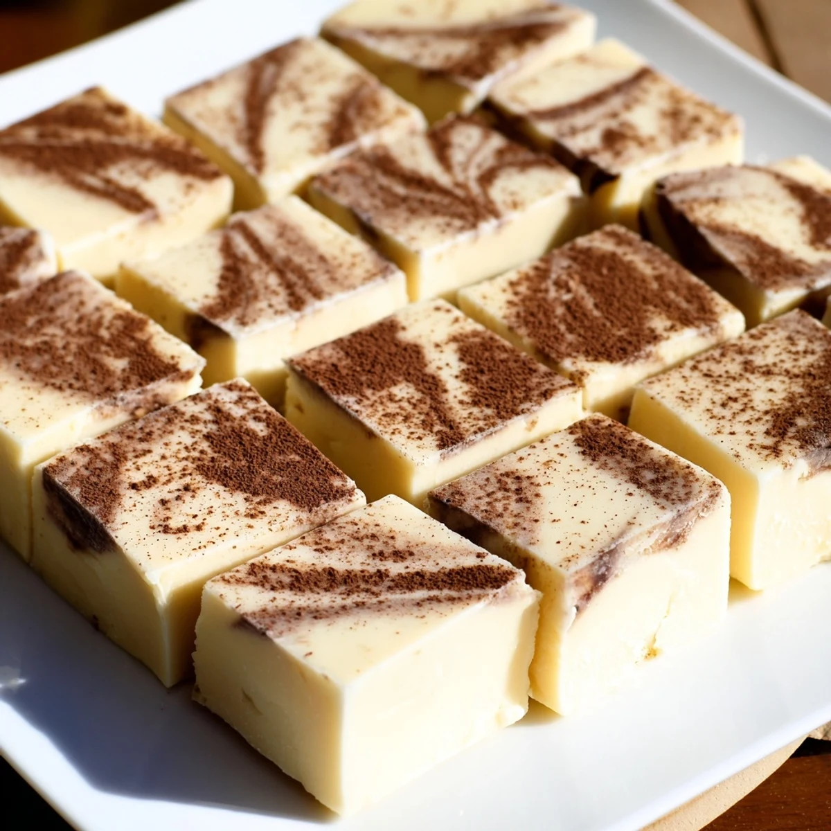 Square slices of creamy Irish Cream Fudge show a smooth, pale beige texture studded with tiny flecks of coffee and cocoa, resting on a rustic wooden board.