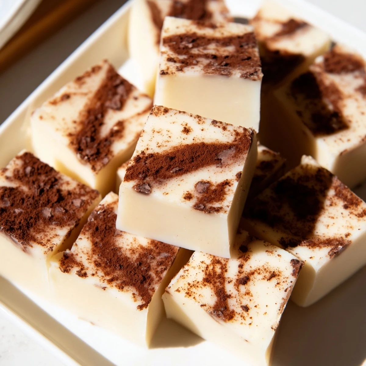 A generous stack of Irish Cream Fudge squares is ready to serve on a decorative plate, garnished with a light dusting of cocoa powder and fresh mint leaves.