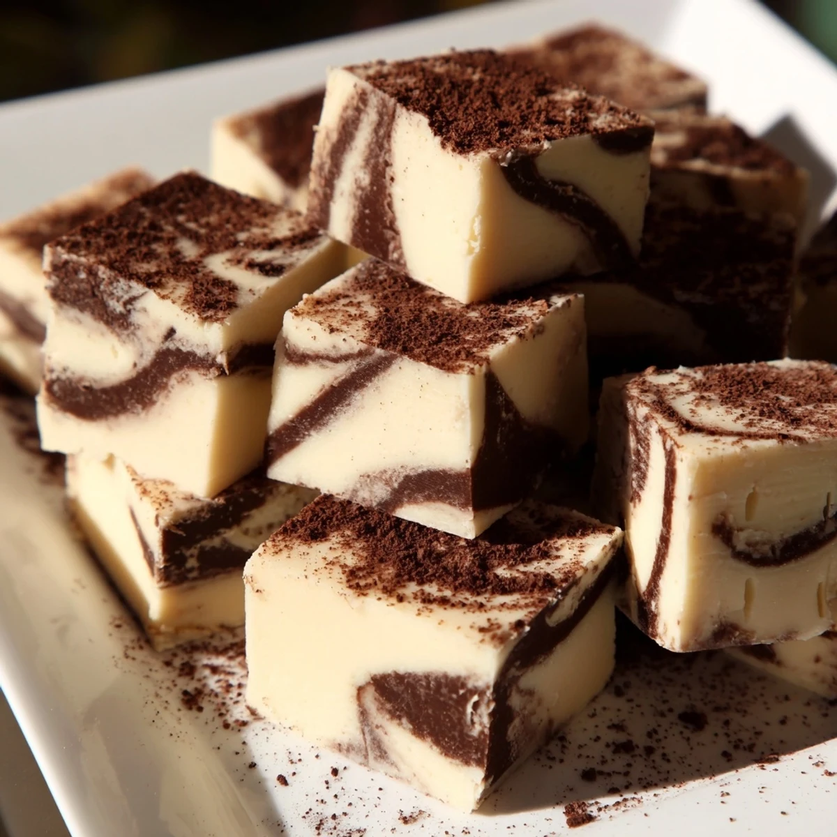 A close-up view of Irish Cream Fudge squares reveals a rich, glossy surface, with one piece lifted to show a dense, melt-in-your-mouth center perfect for dessert.