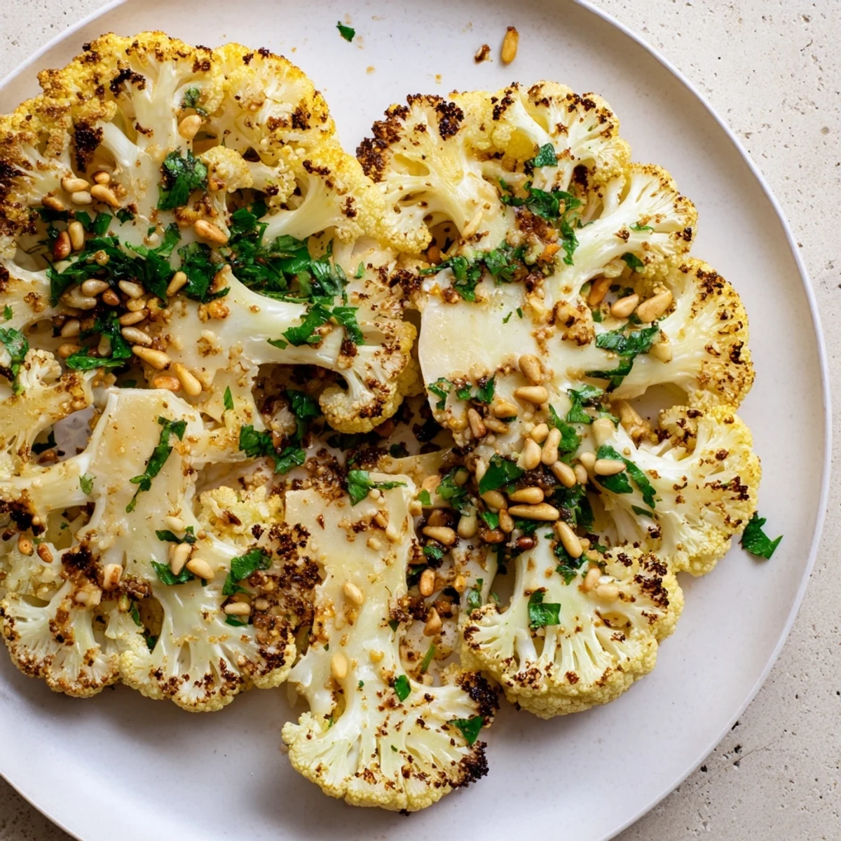 Hearty roasted cauliflower steaks served warm, garnished with lemon juice and toasted pine nuts on a platter.