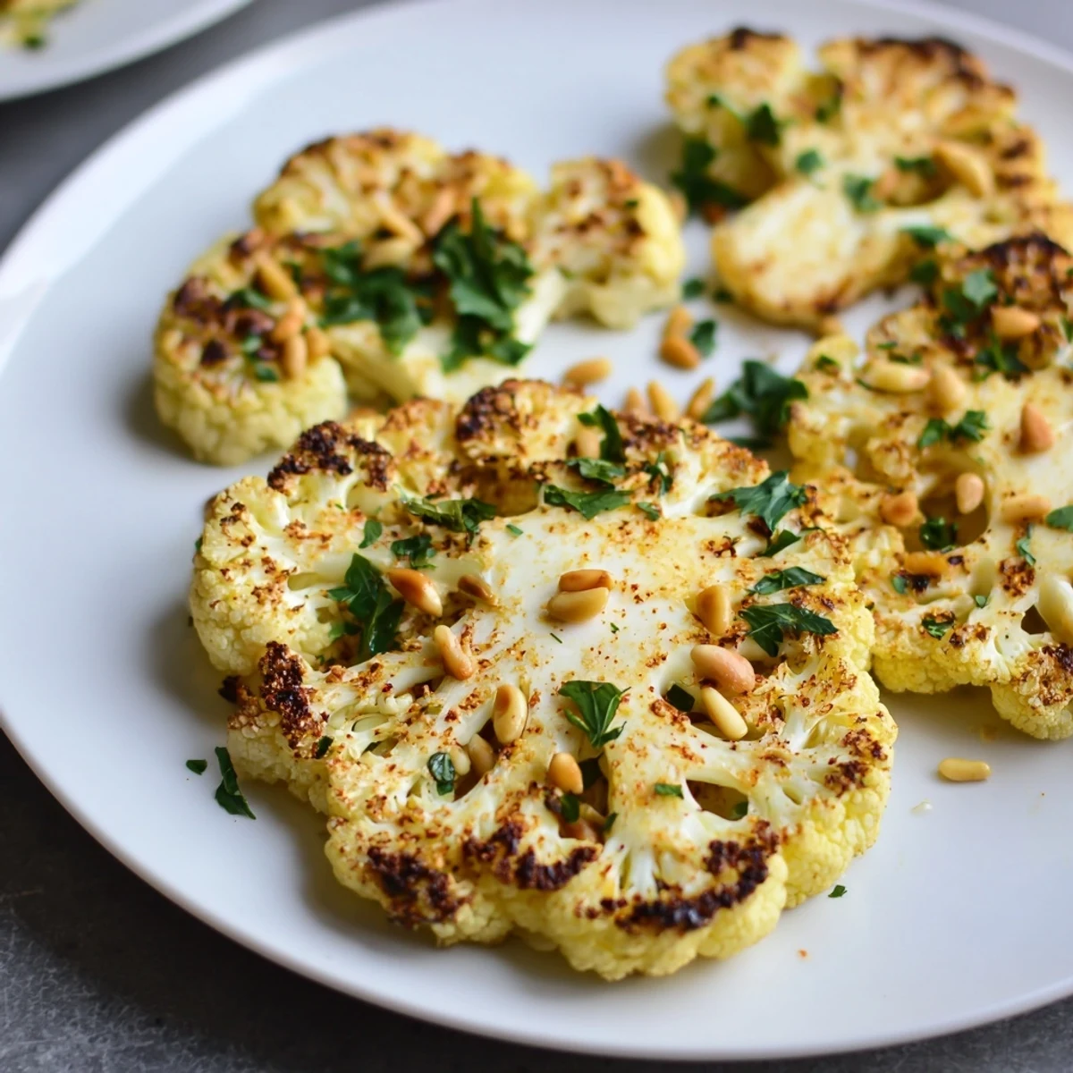 Thick-cut roasted cauliflower steaks plated as a savory vegan main dish, sprinkled with fresh parsley and paprika.