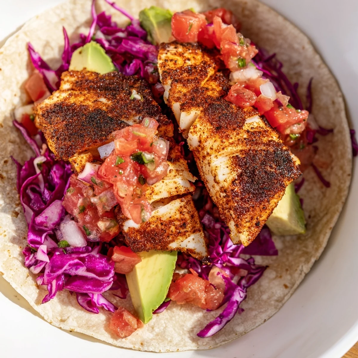 Blackened fish fillets on warm corn tortillas topped with fresh salsa for Cajun Blackened Fish Tacos.