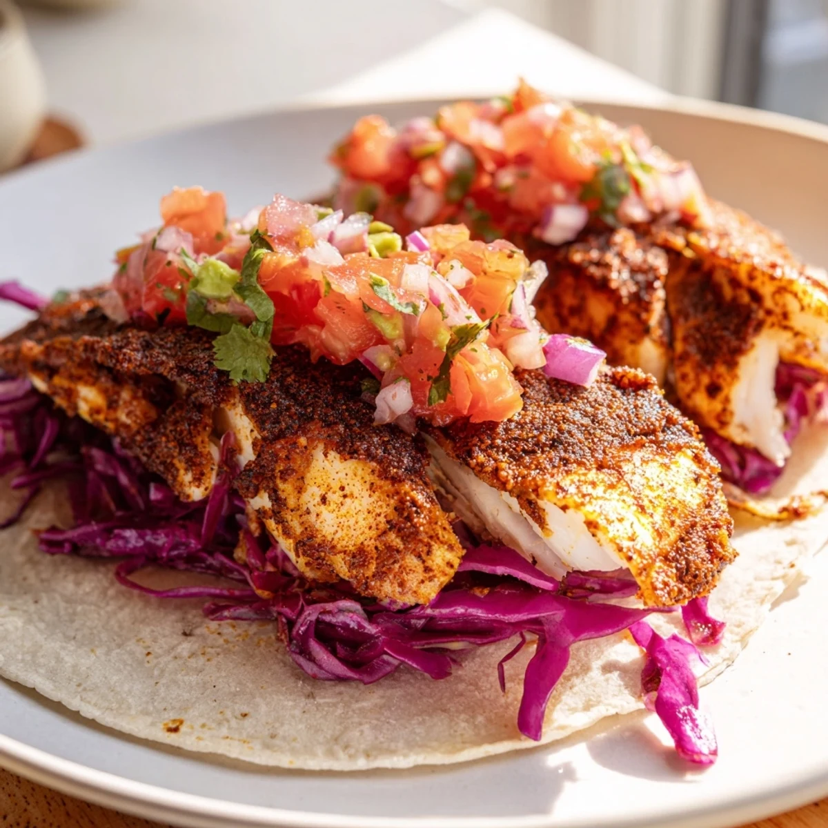 Freshly assembled Cajun Blackened Fish Tacos with avocado slices and crunchy red cabbage garnish.
