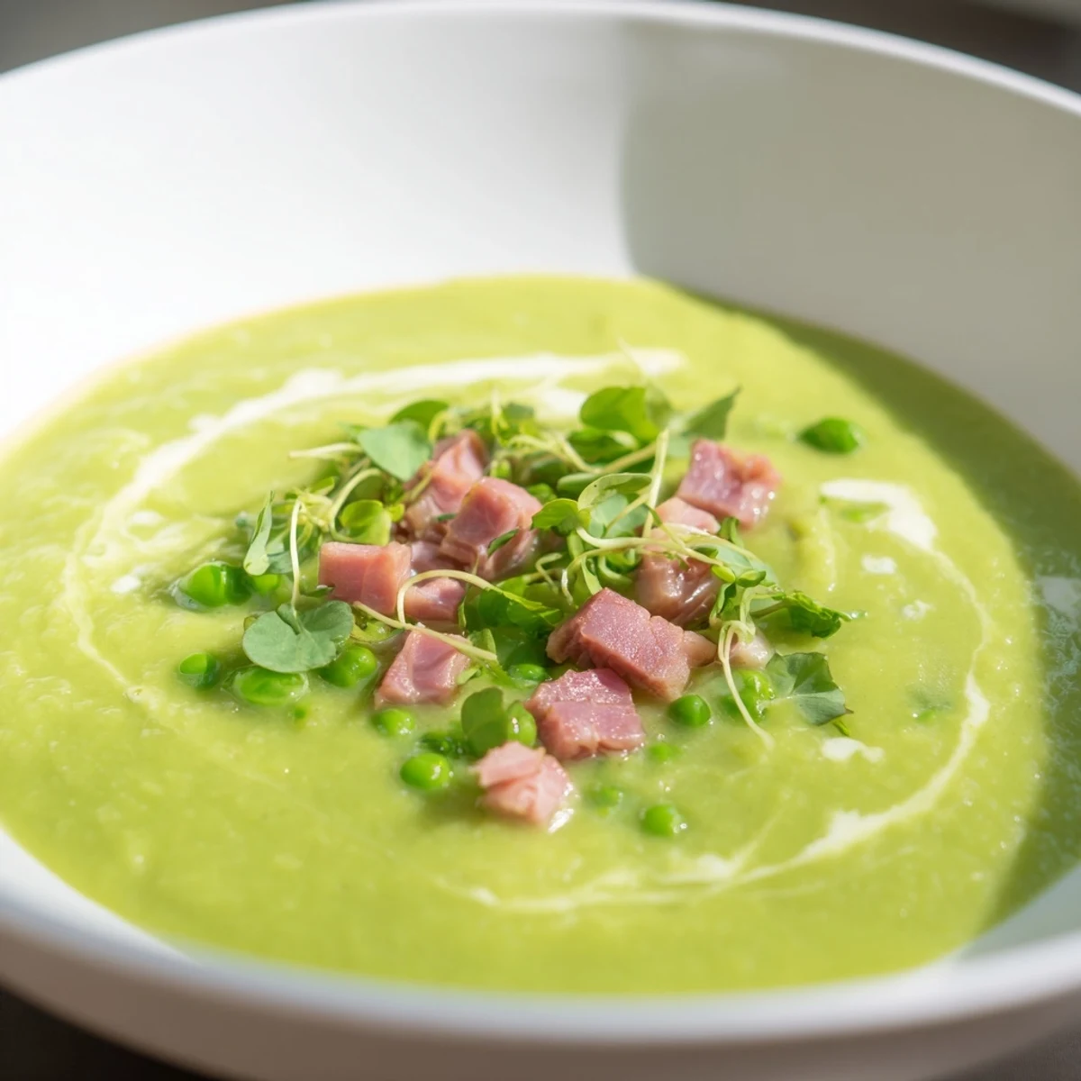 Bright Spring Pea Soup featuring smooth texture and diced turkey ham garnish on a kitchen counter.