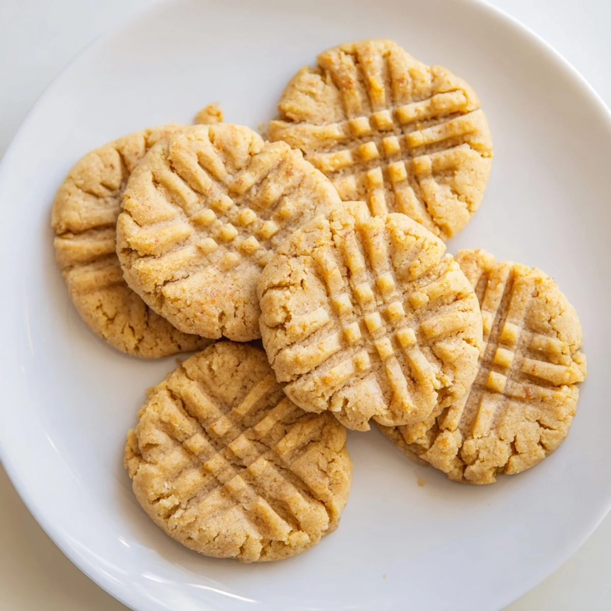 A close-up of golden Keto Butter Cookies with a crisscross fork pattern, showcasing their tender, melt-in-your-mouth texture on a baking sheet.