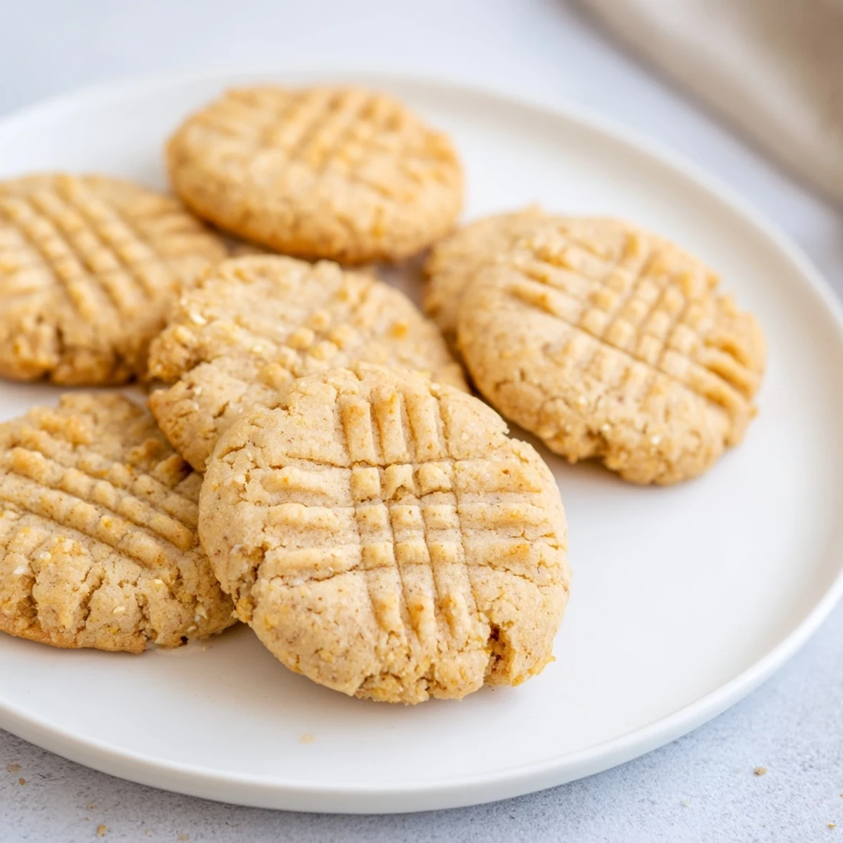 Freshly baked Keto Butter Cookies are dusted with powdered erythritol and stacked on a plate, ready for a keto-friendly dessert serving.