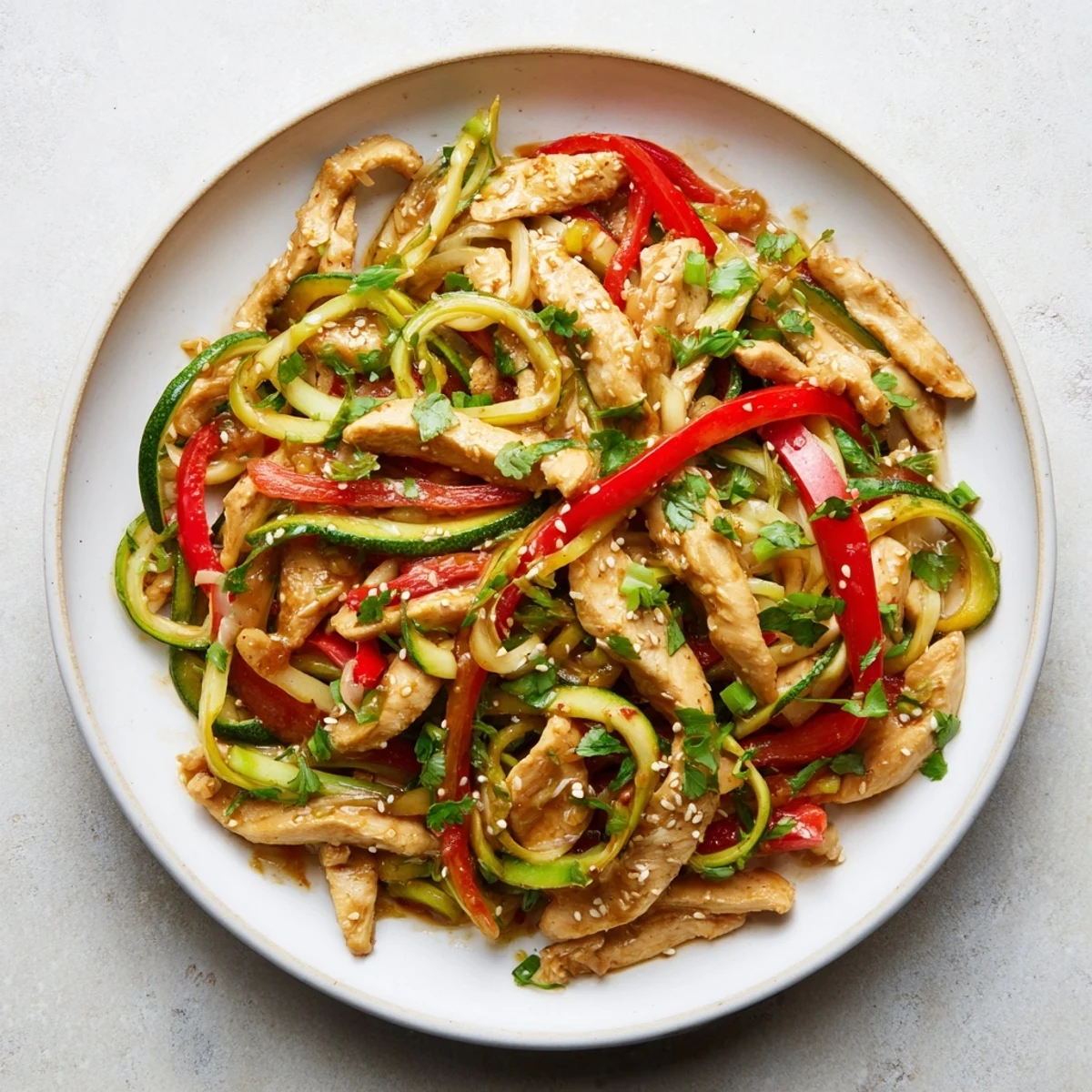 Tender chicken and spiralized zucchini noodles tossed in a glossy garlic sauce for a quick healthy meal.