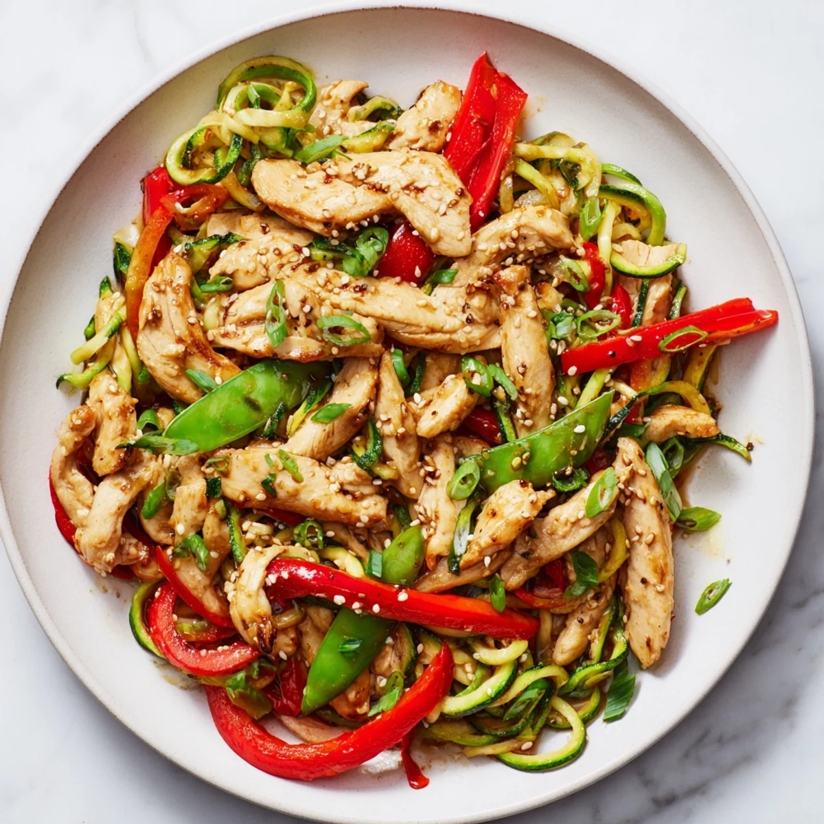 Fragrant garlic chicken zucchini noodles stir fry sizzles in a pan with crisp bell peppers and snap peas.
