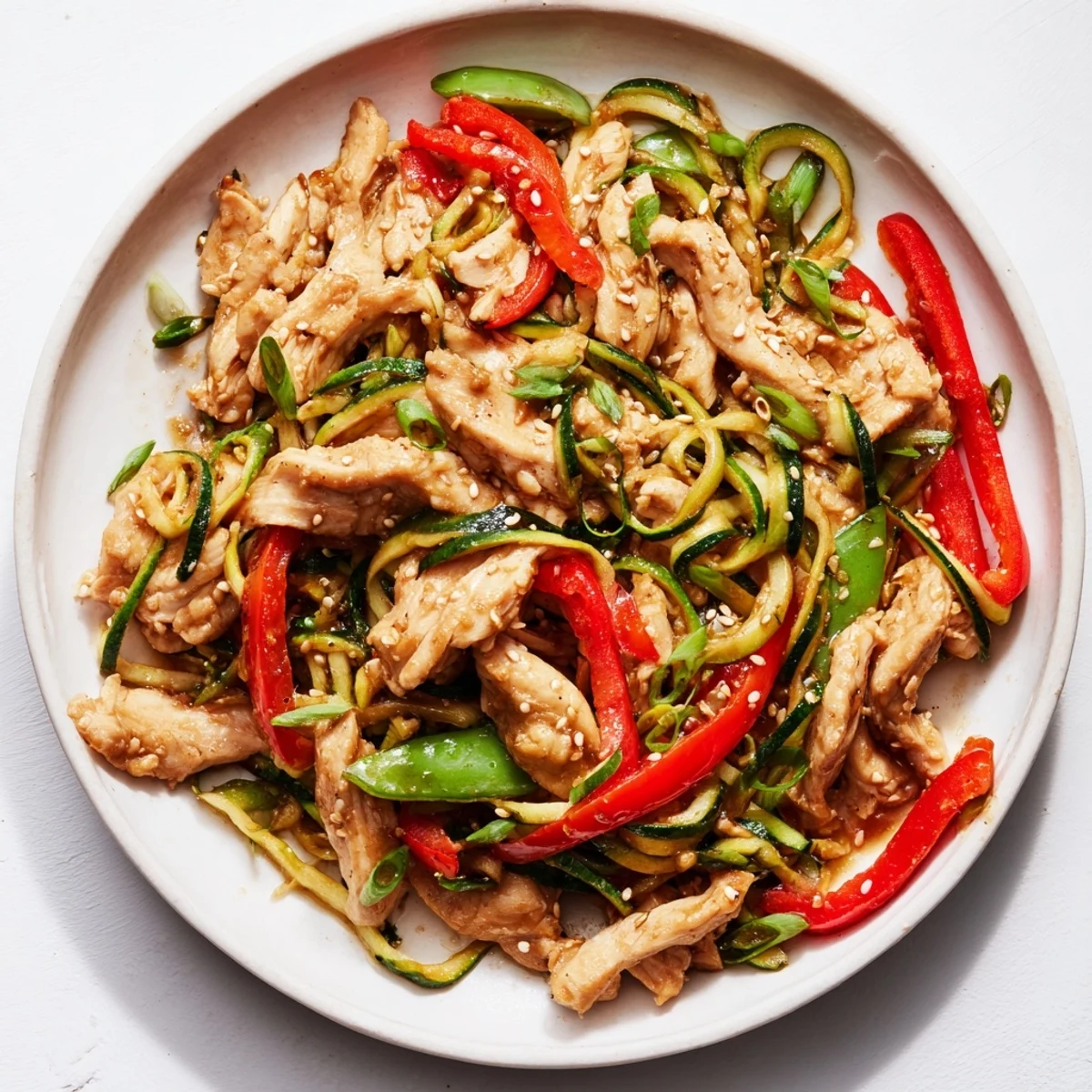 Low carb zucchini noodles stir fry garnished with sesame seeds and fresh herbs, served warm for dinner.