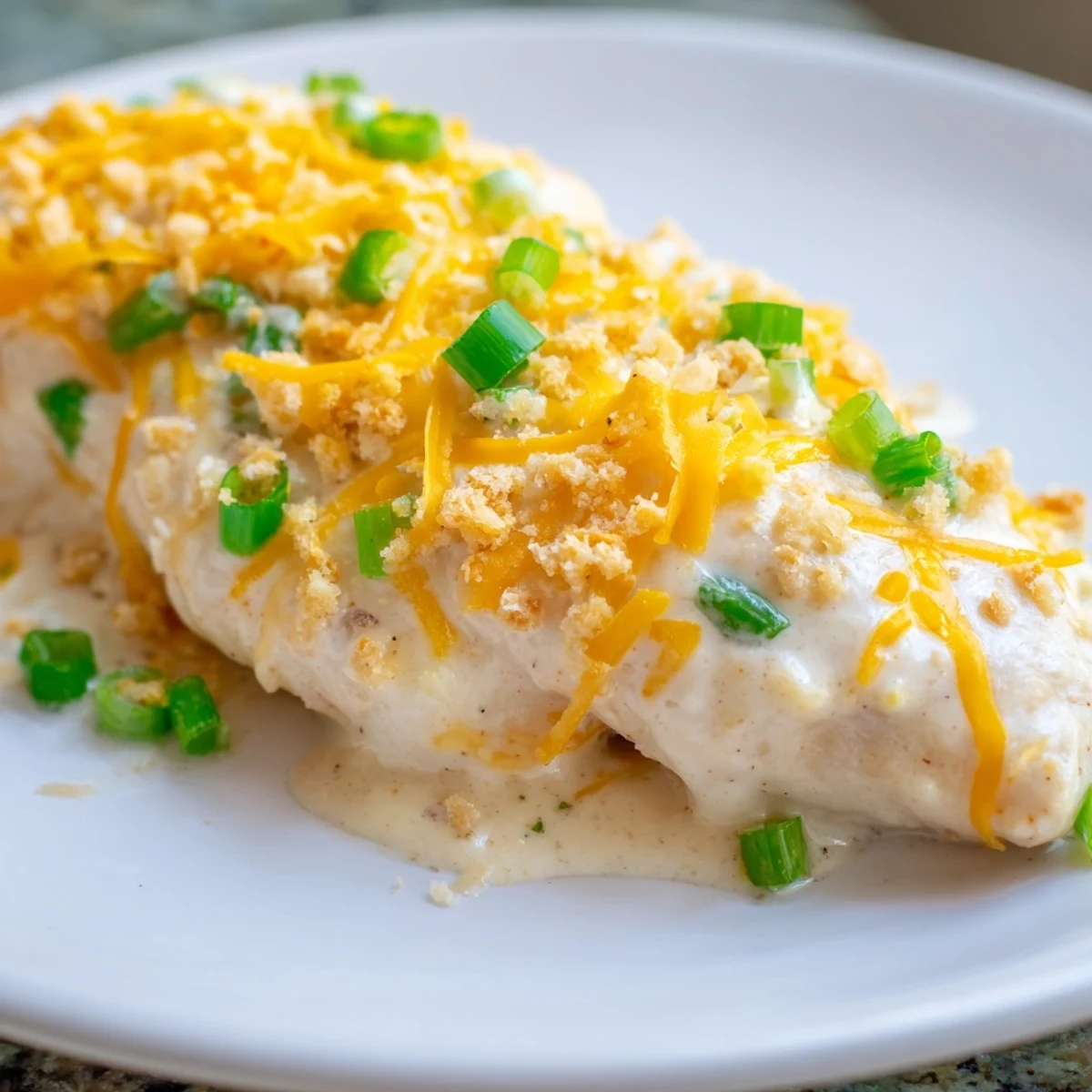 Tender, juicy chicken breasts baked in a creamy sour cream and onion sauce, served as a comforting American dinner.