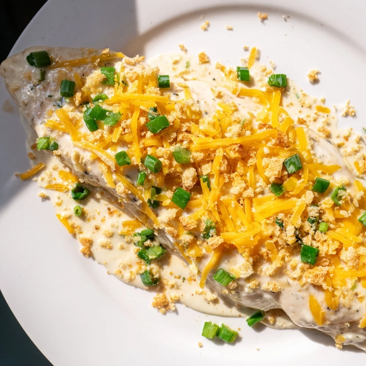 A close-up view of golden baked Sour Cream and Onion Chicken topped with melted cheddar and fresh green onions.
