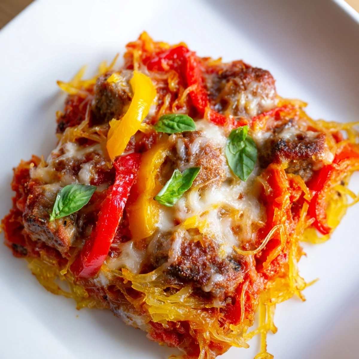 Golden-brown Sausage and Peppers Spaghetti Squash Casserole fresh from the oven, topped with bubbly mozzarella and fresh basil.