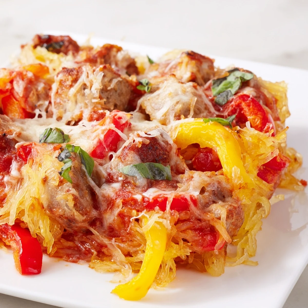 A close-up of the Sausage and Peppers Spaghetti Squash Casserole served in a white dish with a fork ready to scoop.