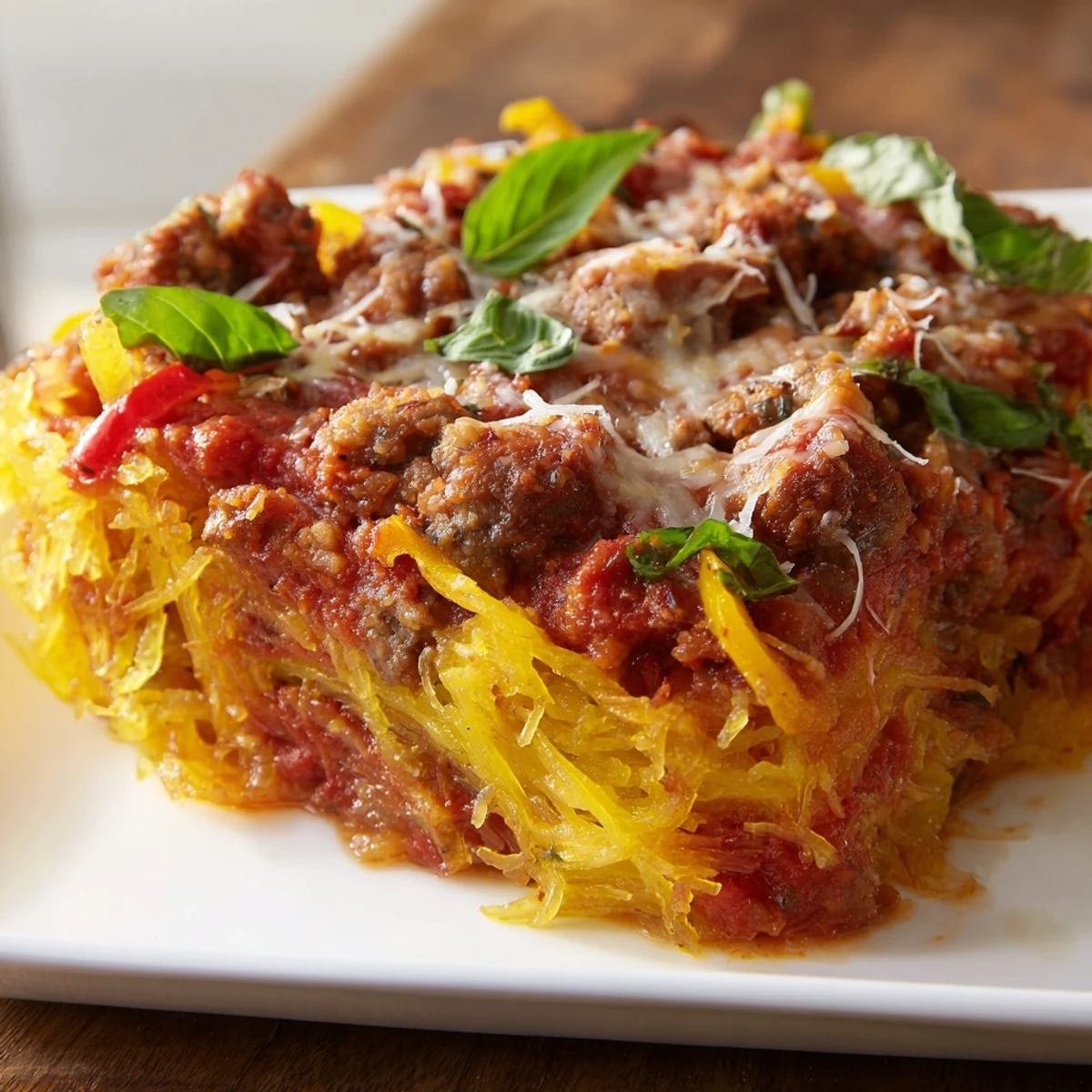 A hearty slice of Sausage and Peppers Spaghetti Squash Casserole on a plate, showcasing roasted veggies and savory Italian sausage.