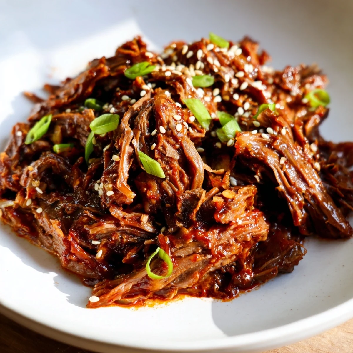 Savory slow cooker Korean beef piled into crisp lettuce cups with sesame seeds and sliced green onions for a fresh bite.