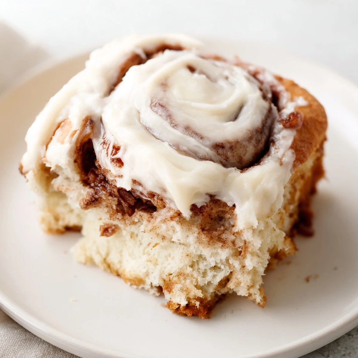 A keto cinnamon bun with gooey cinnamon filling on a white marble countertop, ready to eat.
