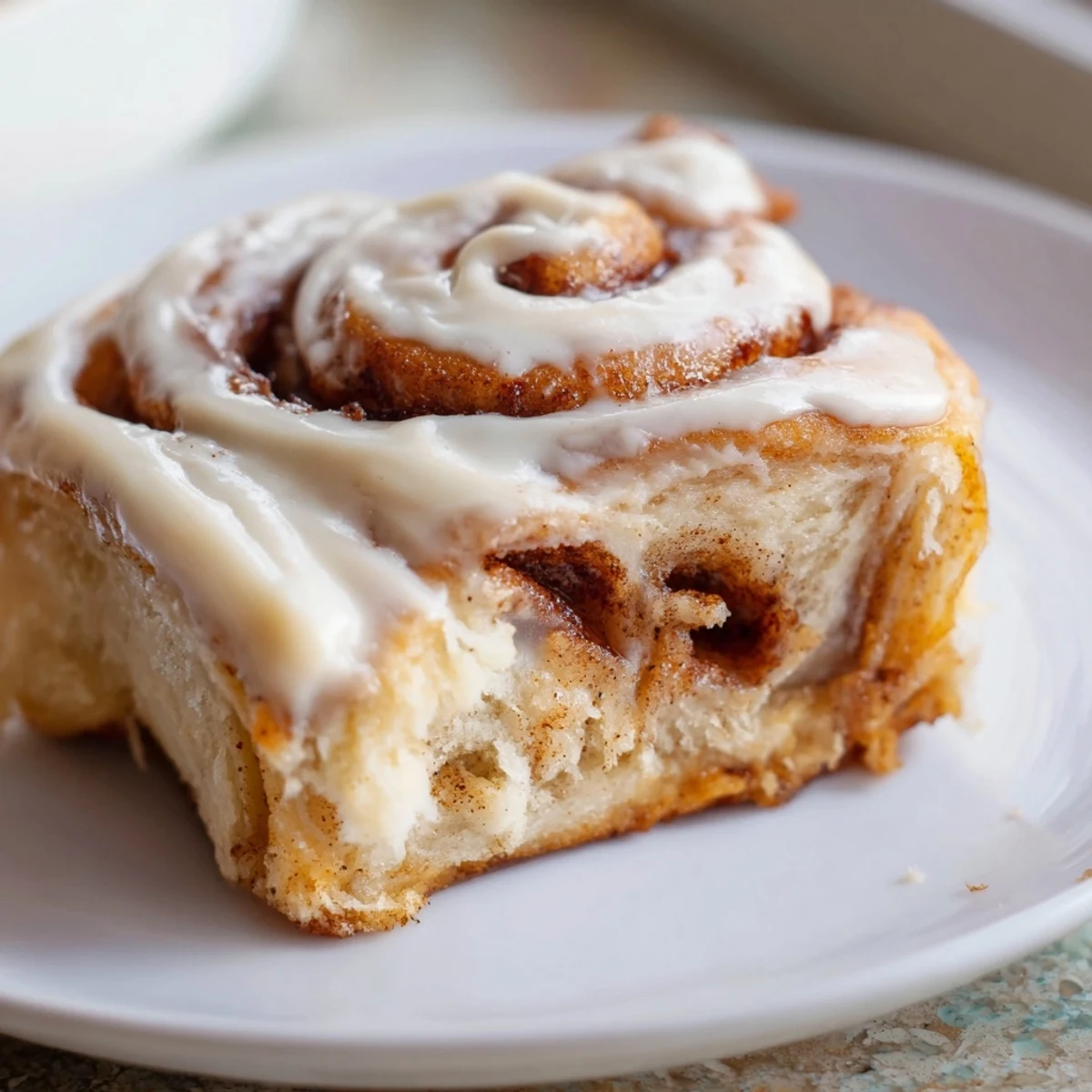 Freshly baked Keto Cinnamon Buns with soft texture and rich cream cheese icing on a wire rack.