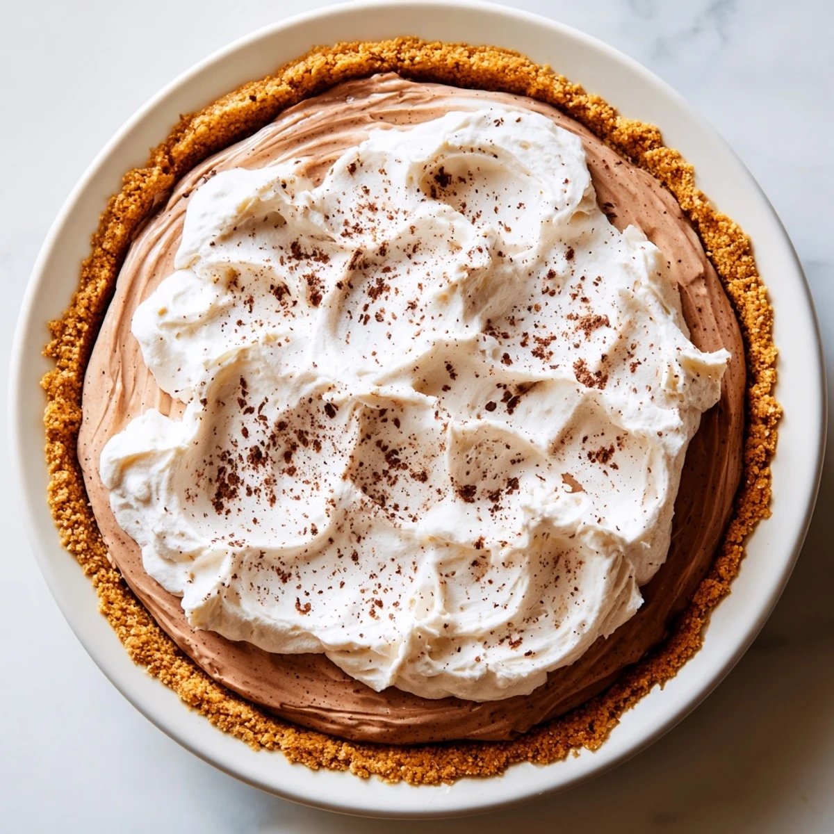 A chilled Keto Cold Brew Coffee Pie sits on a marble countertop, ready to be served to guests.