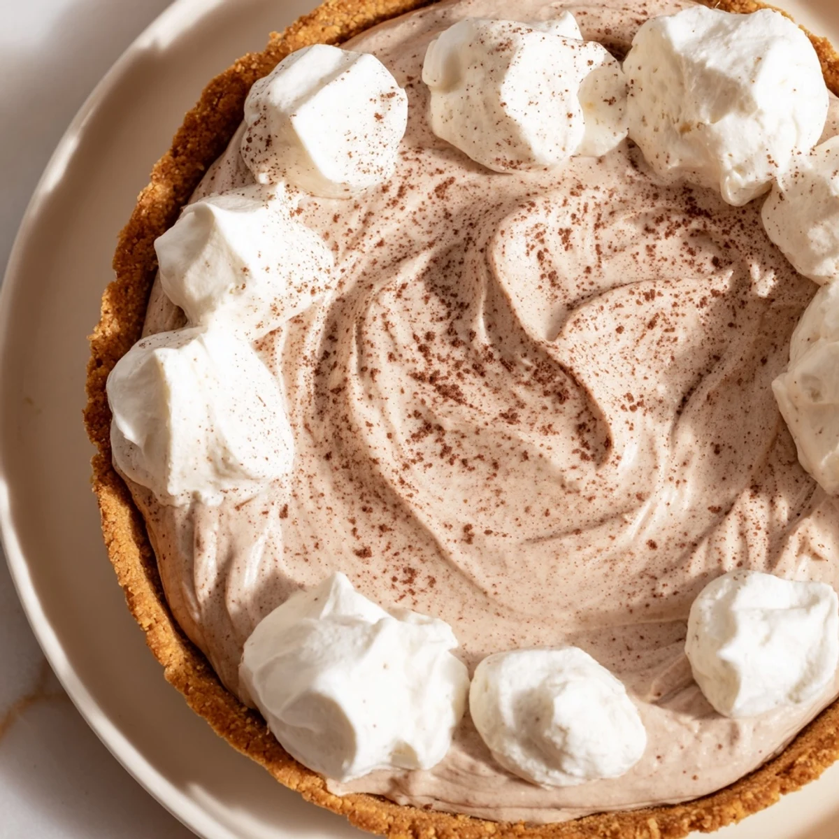 This Keto Cold Brew Coffee Pie is topped with fluffy whipped cream and garnished with a few coffee beans.