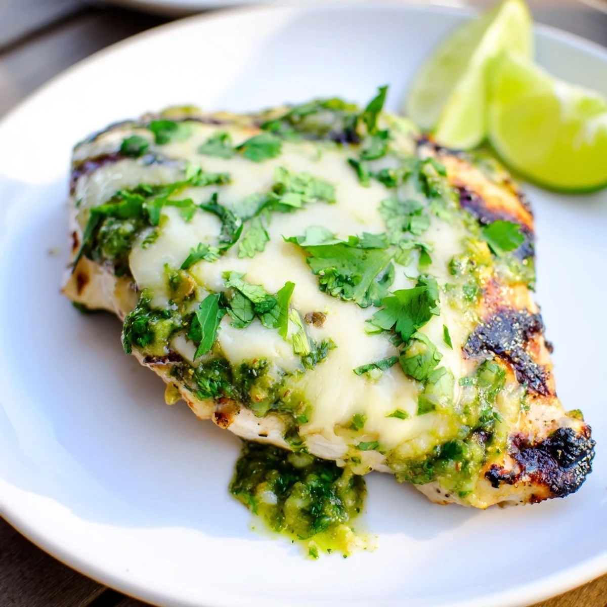 Juicy Grilled Salsa Verde Pepper Jack Chicken fresh off the grill with melted cheese and lime wedges.