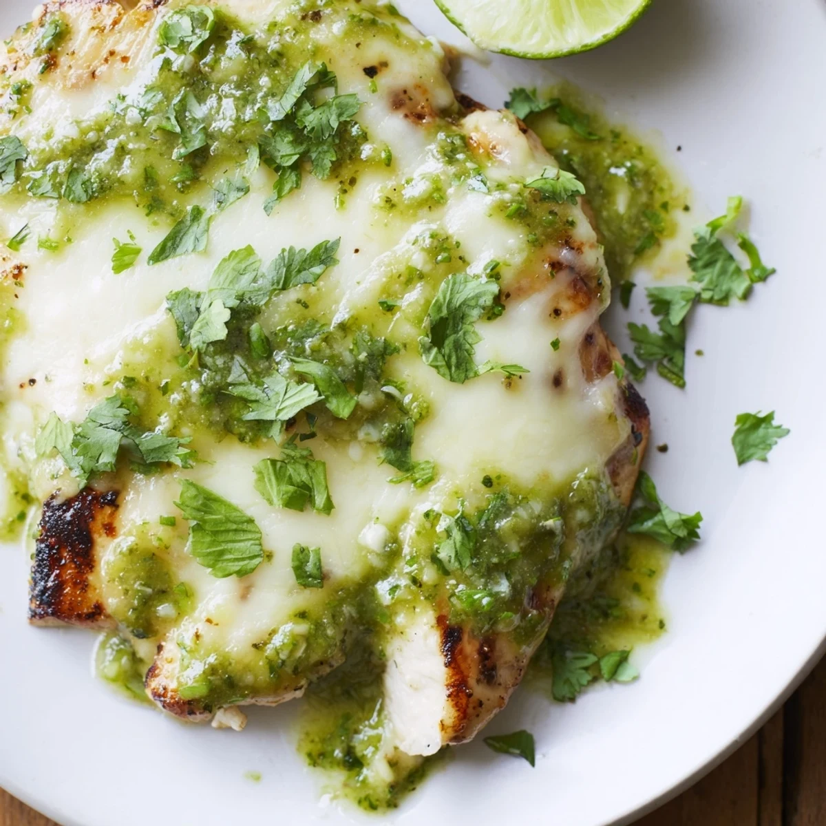 Close up of Grilled Salsa Verde Pepper Jack Chicken topped with zesty green salsa and cilantro.