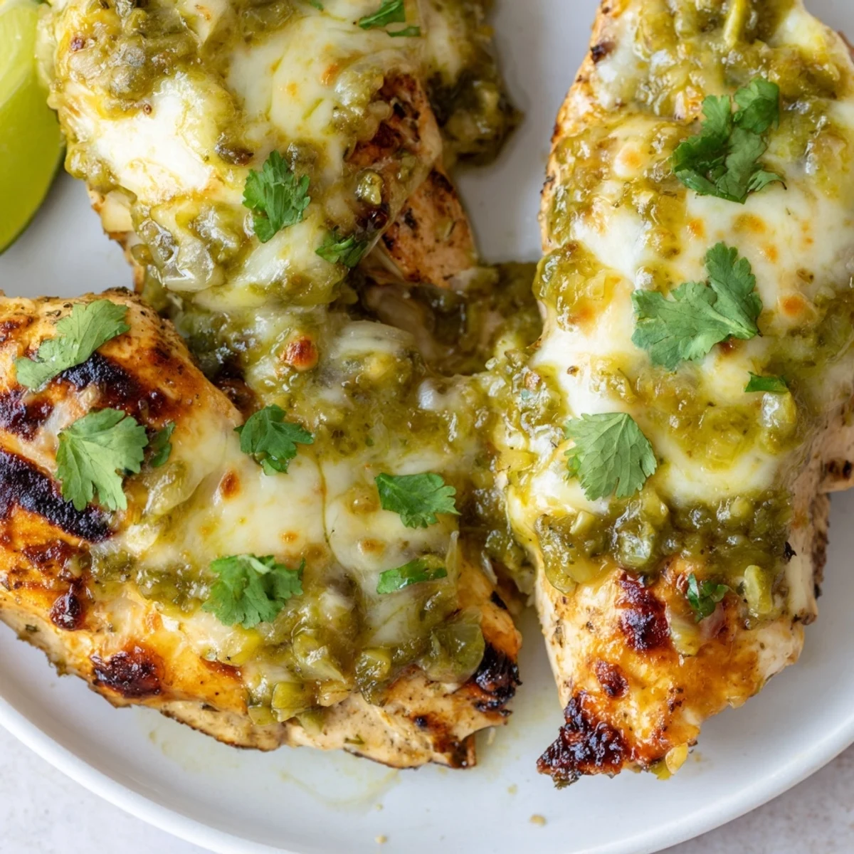 Golden grilled Grilled Salsa Verde Pepper Jack Chicken served with avocado slices and a summer plate.