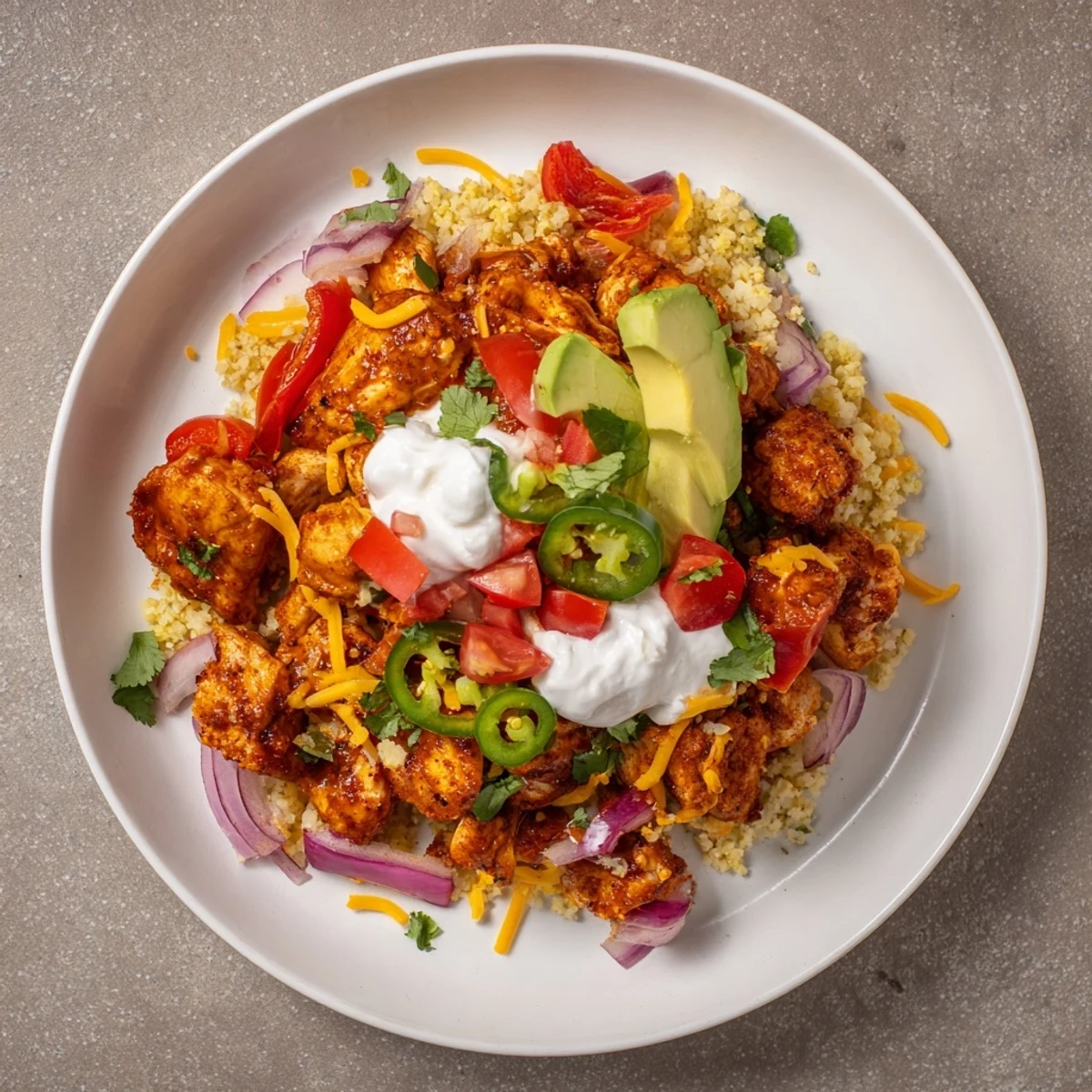 A vibrant Low Carb Burrito Bowl features seasoned chicken, cauliflower rice, fresh veggies, and creamy toppings in a colorful dish.