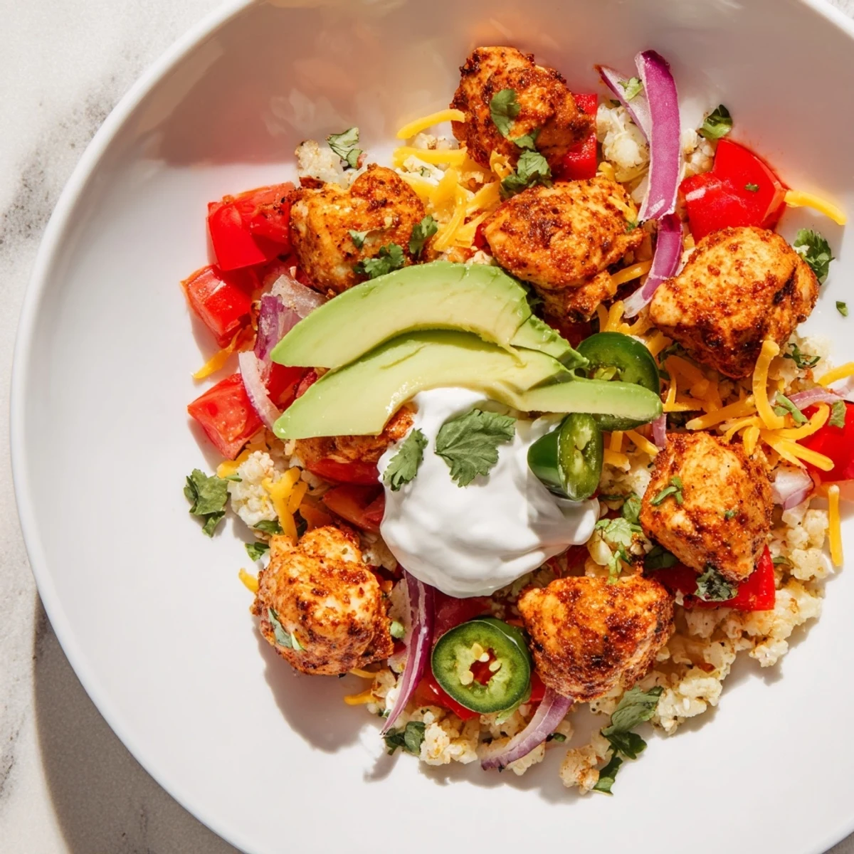 Close-up of a Low Carb Burrito Bowl with sautéed cauliflower rice, diced bell peppers, cherry tomatoes, and a dollop of sour cream.