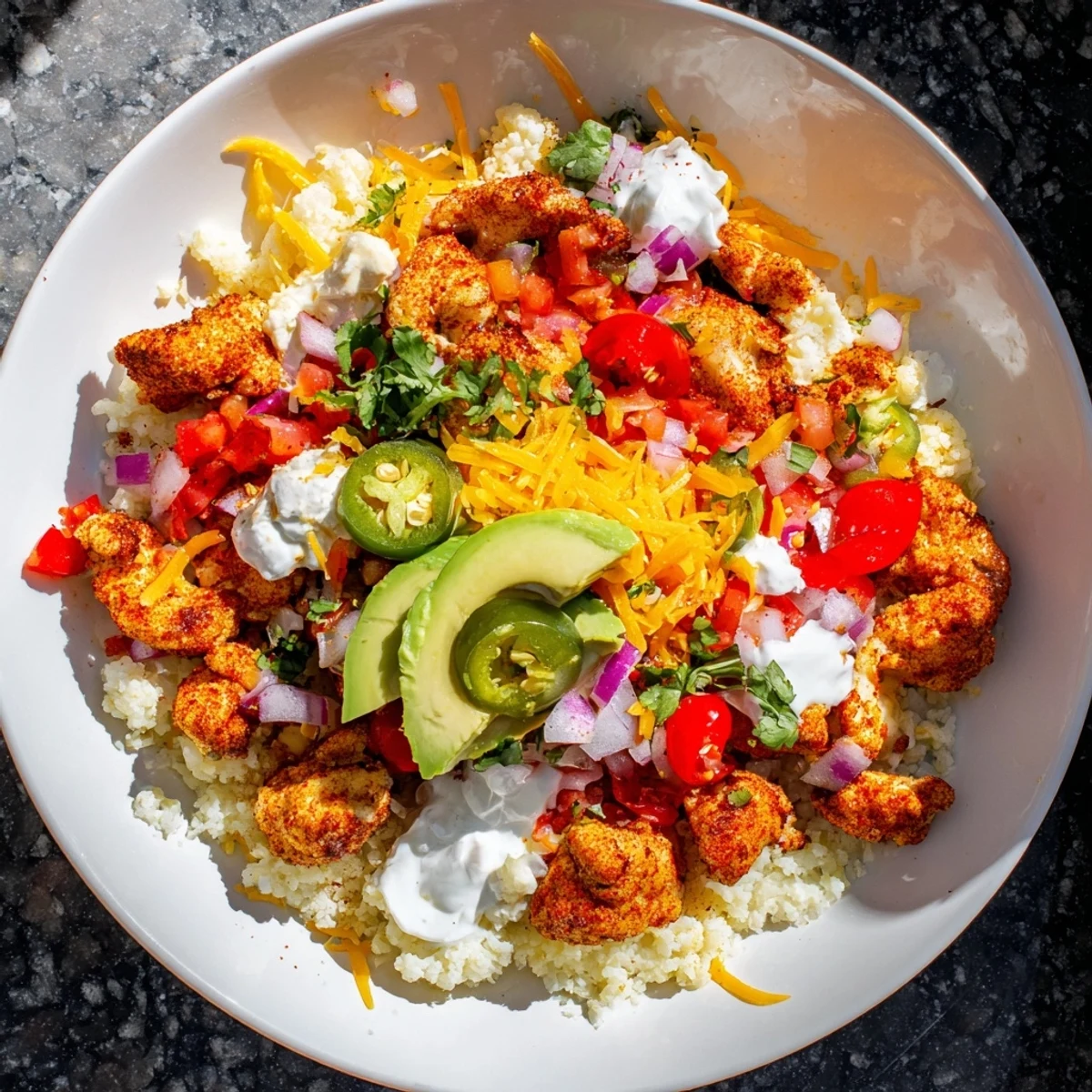 Low Carb Burrito Bowl served with lime wedges, avocado slices, shredded cheese, and a spoonful of zesty salsa for flavor.