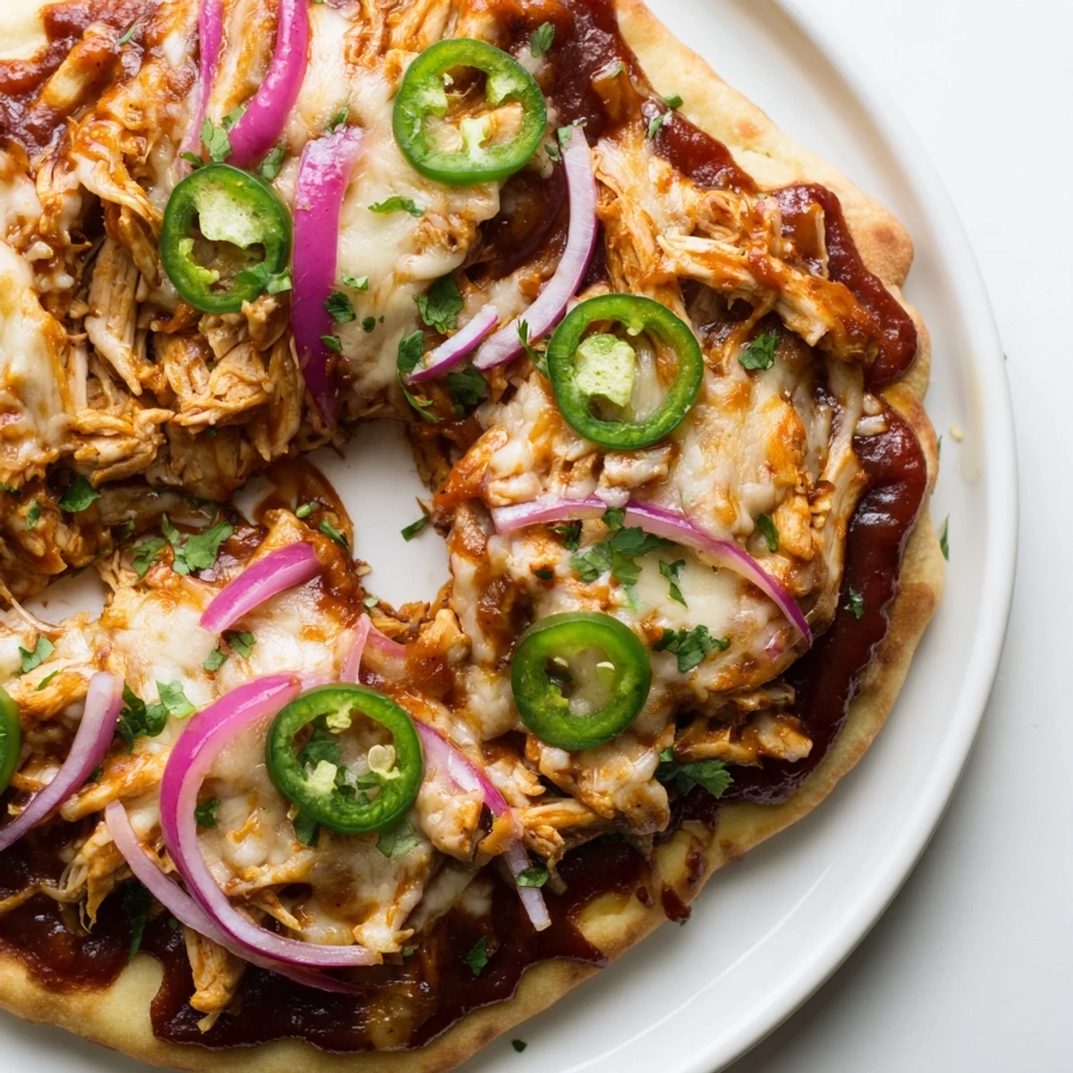 Slice of savory BBQ Chicken Flatbread on a white plate, served with a chilled lager for a perfect weeknight dinner.