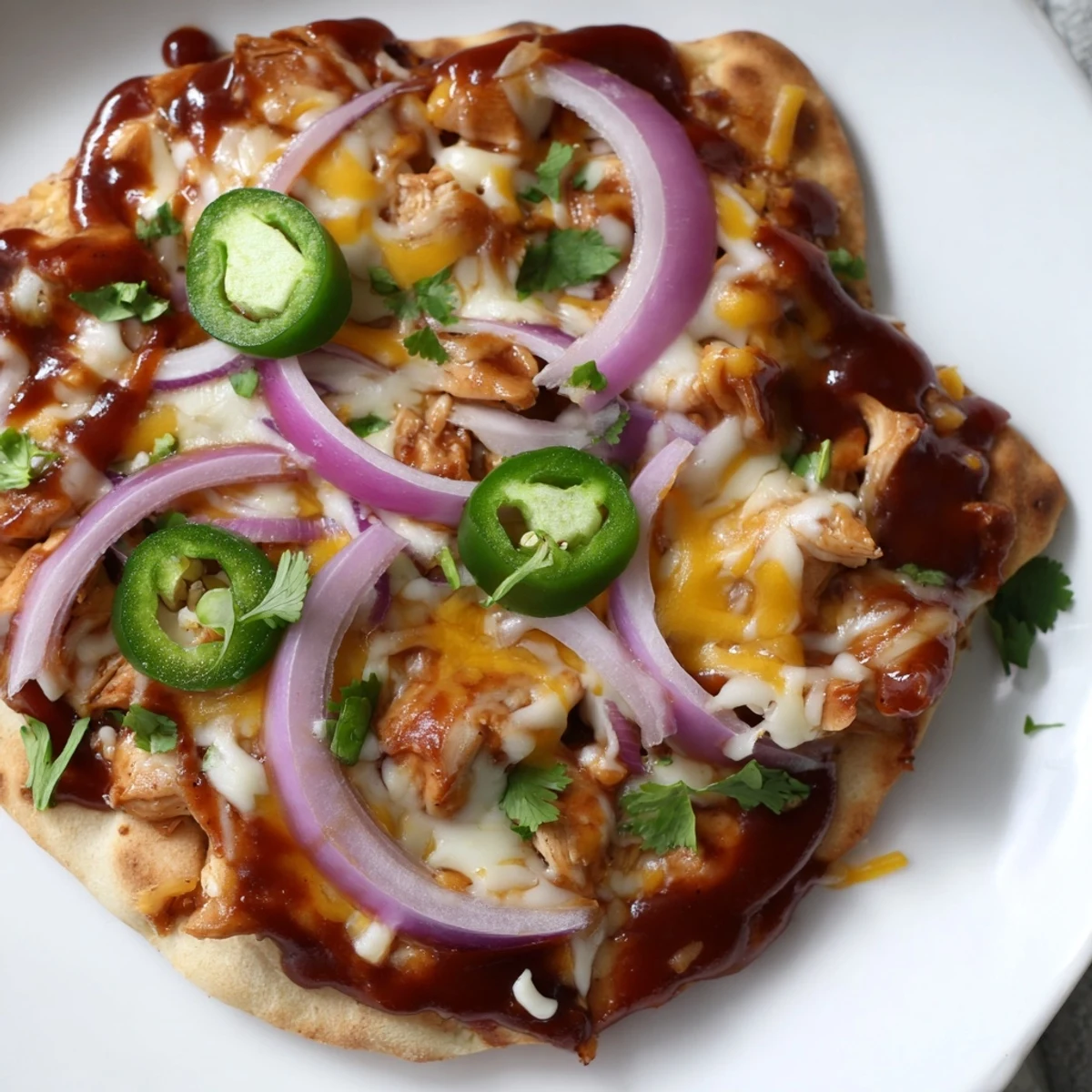 Sizzling BBQ Chicken Flatbread fresh from the oven, drizzled with tangy sauce and garnished with jalapeños for a spicy kick.