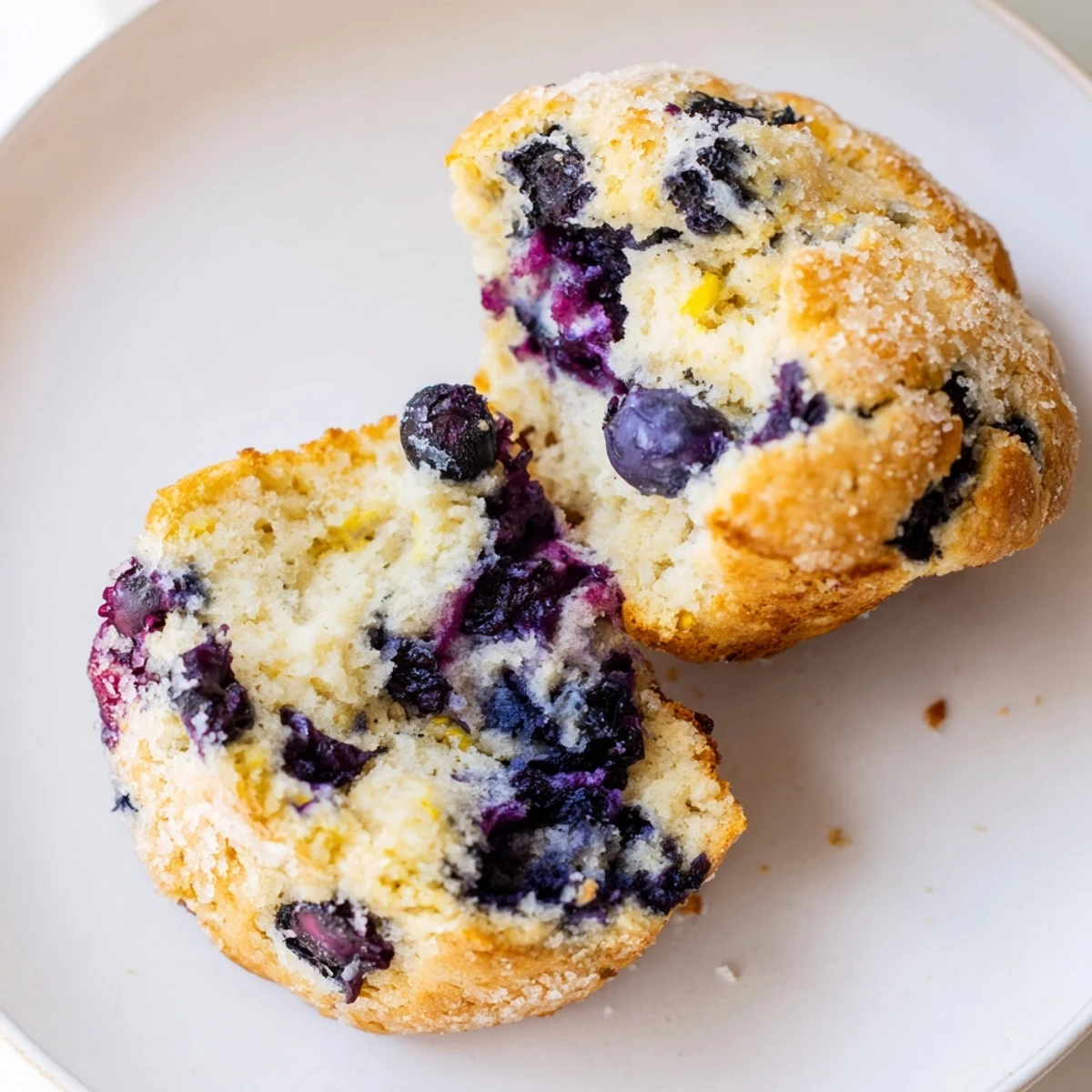 Freshly baked Sourdough Blueberry Muffins with golden tops and juicy blueberries bursting out of a muffin tin.