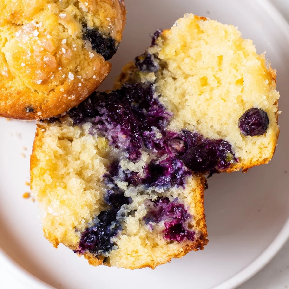 A close-up view of moist Sourdough Blueberry Muffins on a wooden table, perfect for breakfast or a snack.
