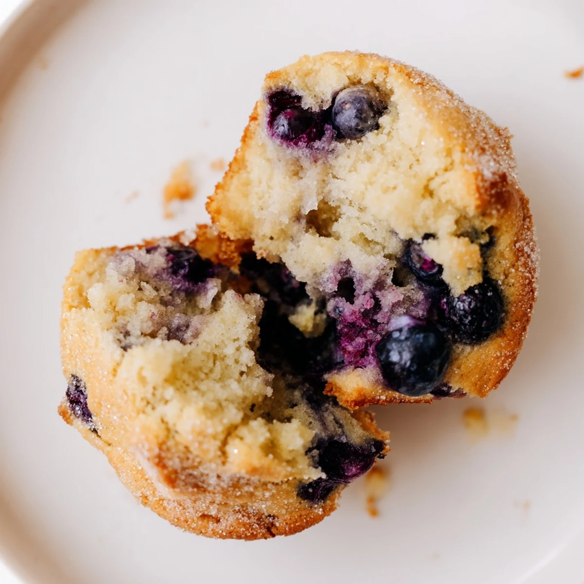 Stack of warm Sourdough Blueberry Muffins with a tangy sourdough aroma, served on a ceramic plate.