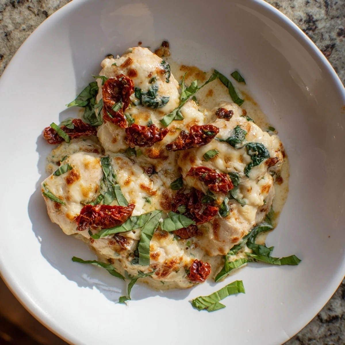 Creamy Marry Me Low Carb Chicken Casserole baked golden with bubbly cheese and sun-dried tomatoes.