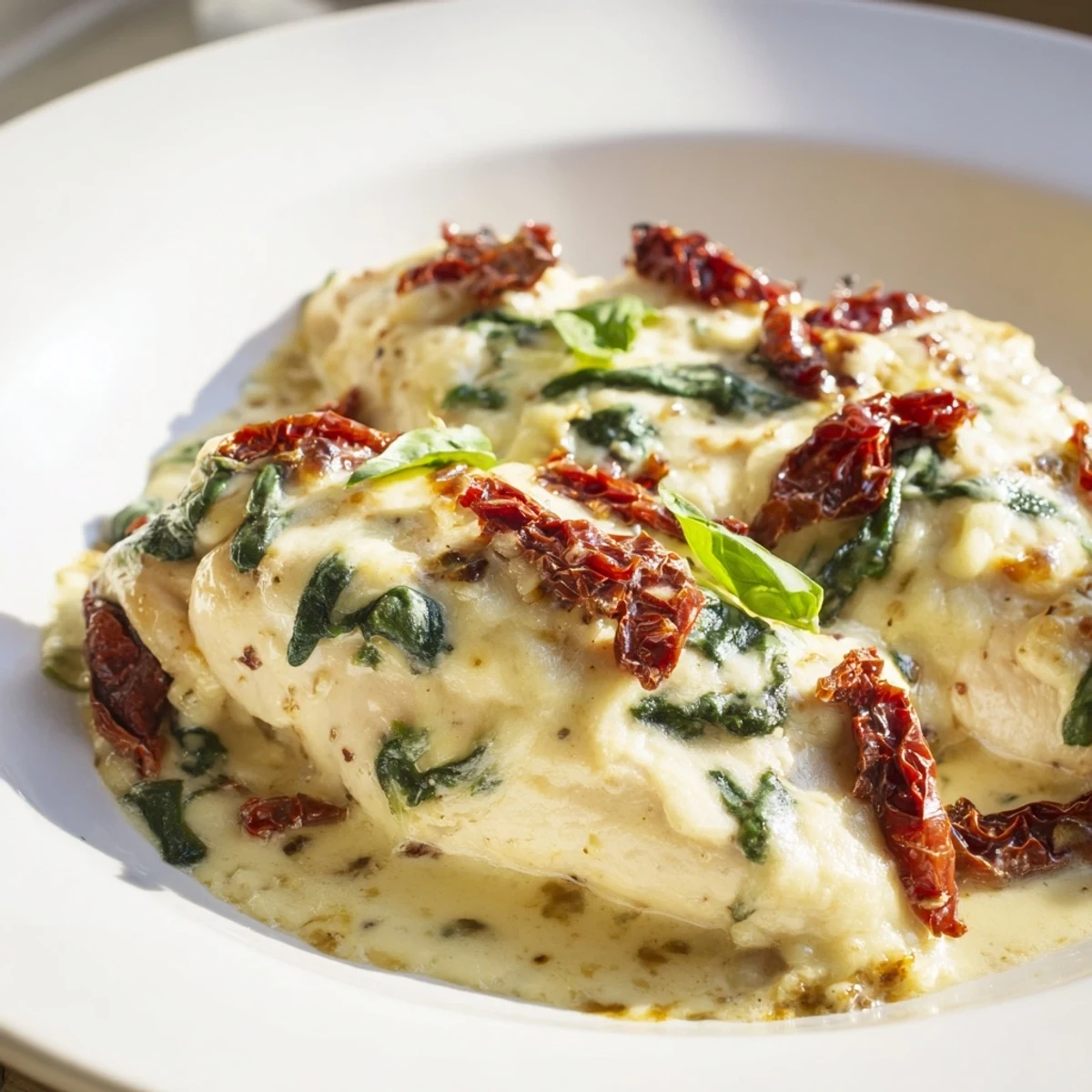 Serve Marry Me Low Carb Chicken Casserole hot from the oven with fresh basil garnish.