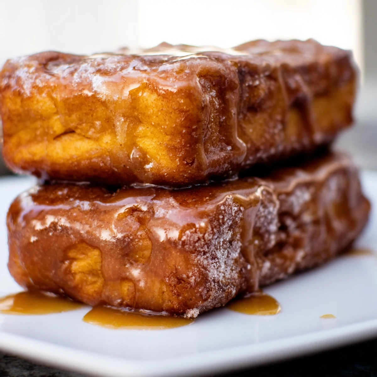Stack of pillowy Maple Donut Bars with a thick, creamy maple glaze and a sprinkle of powdered sugar.