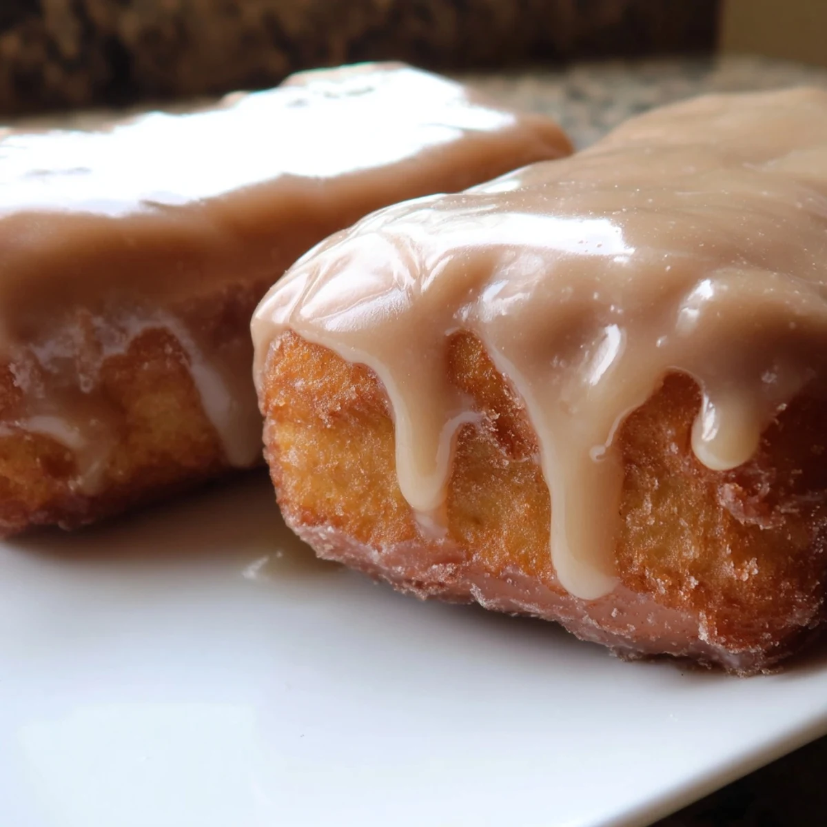 Freshly fried Maple Donut Bars glazed with sweet maple icing, served on a rustic wooden platter for breakfast.