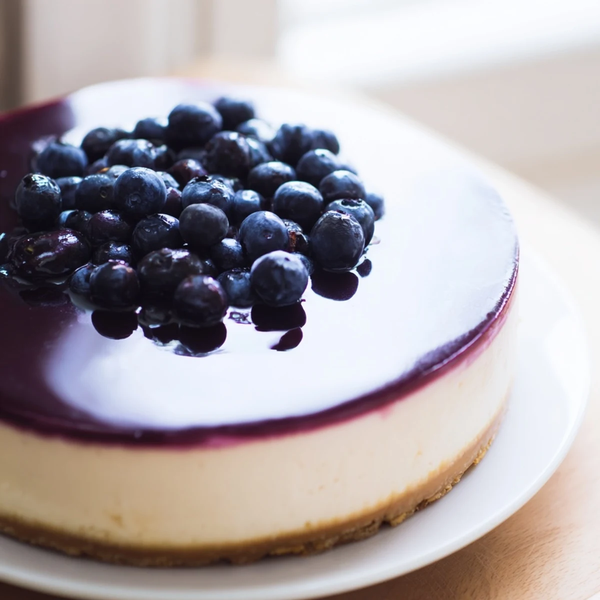 Freshly baked Blueberry Mousse Cheesecake with a creamy filling and graham cracker crust, topped with vibrant blueberries and mint.
