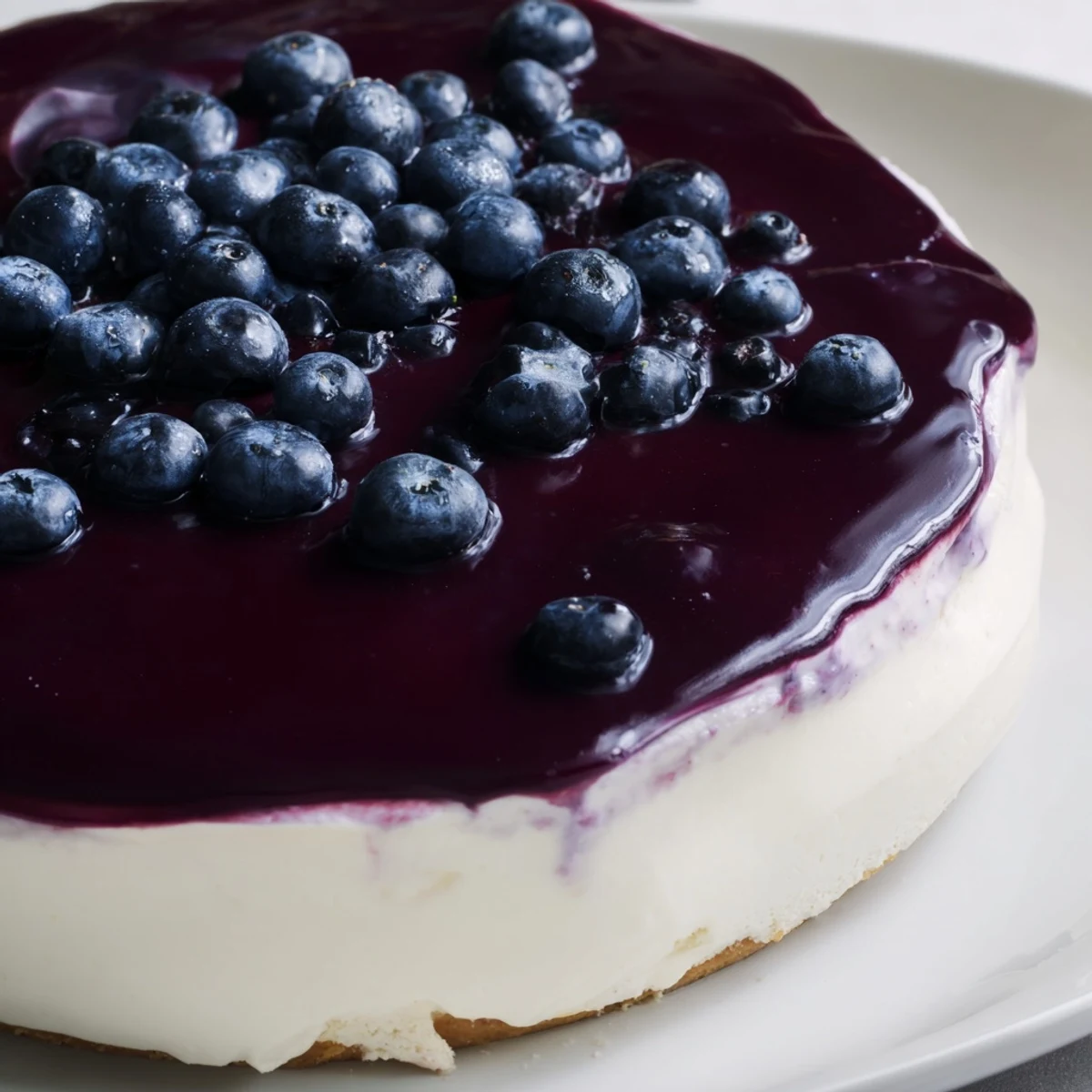 A slice of Blueberry Mousse Cheesecake reveals a smooth texture and light blueberry mousse layer, perfect for summer desserts.