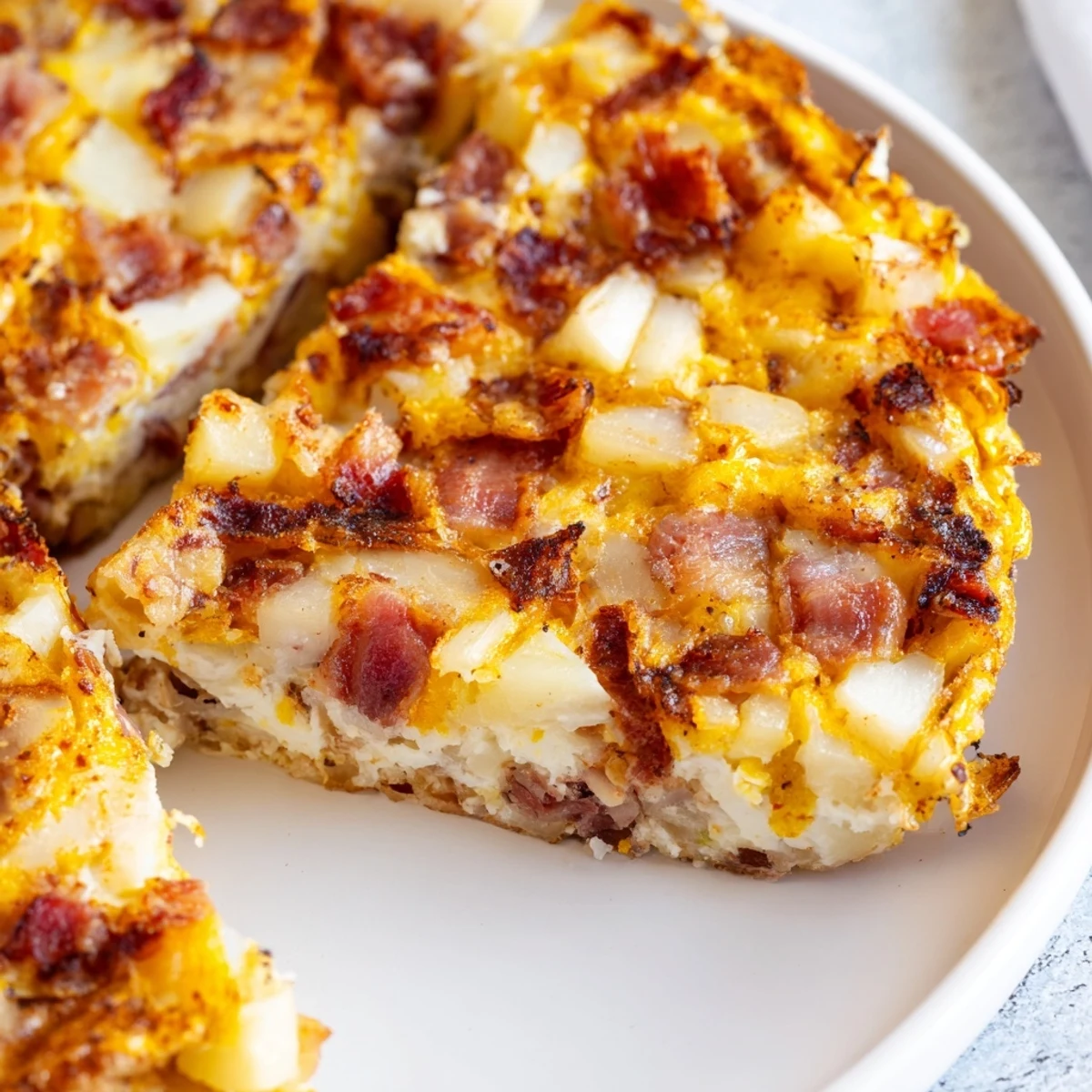 Crisp bacon and melted Gruyère cheese top the golden, puffed Bacon Potato Frittata fresh from the oven.
