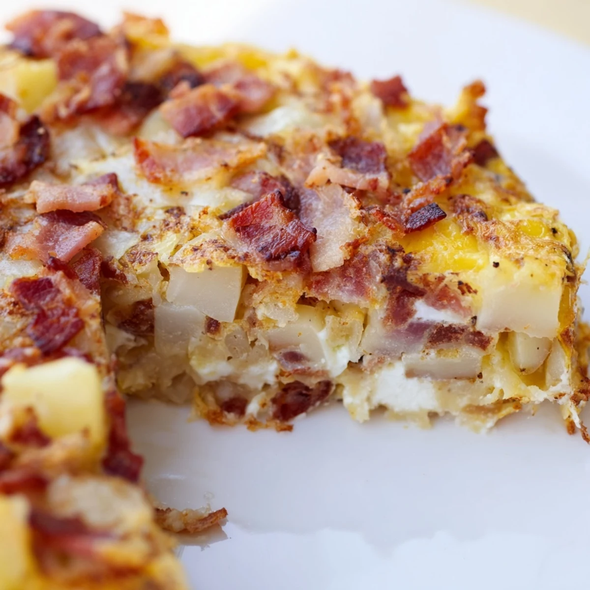 A slice of Bacon Potato Frittata reveals tender potatoes and onions on a rustic wooden board for brunch.