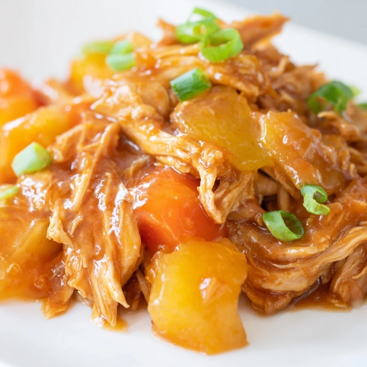 Slow-cooker Sweet Hawaiian Crockpot Chicken paired with bell peppers and onions on a plate.