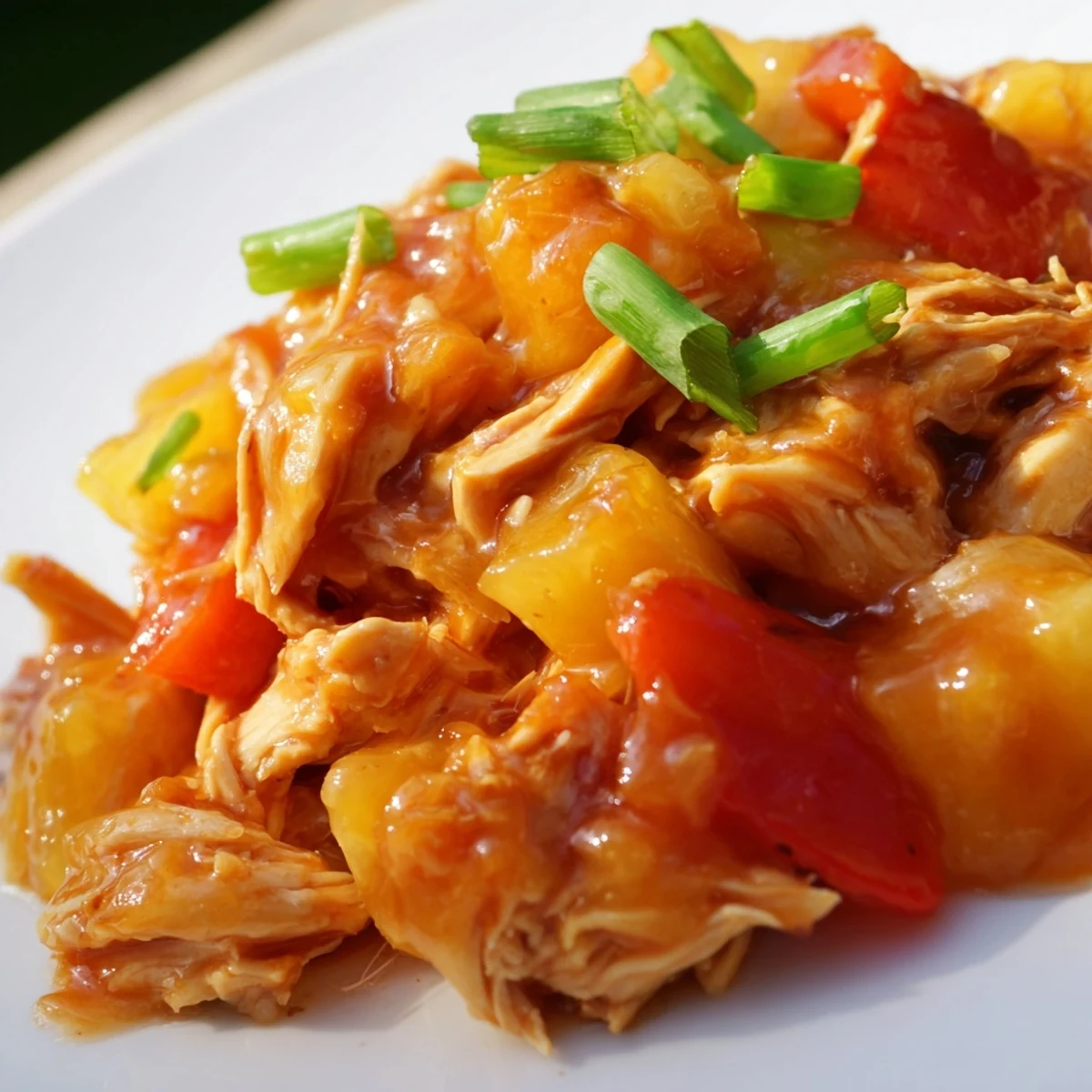 Sweet Hawaiian Crockpot Chicken in a thick, glossy sauce garnished with green onions and sesame seeds.
