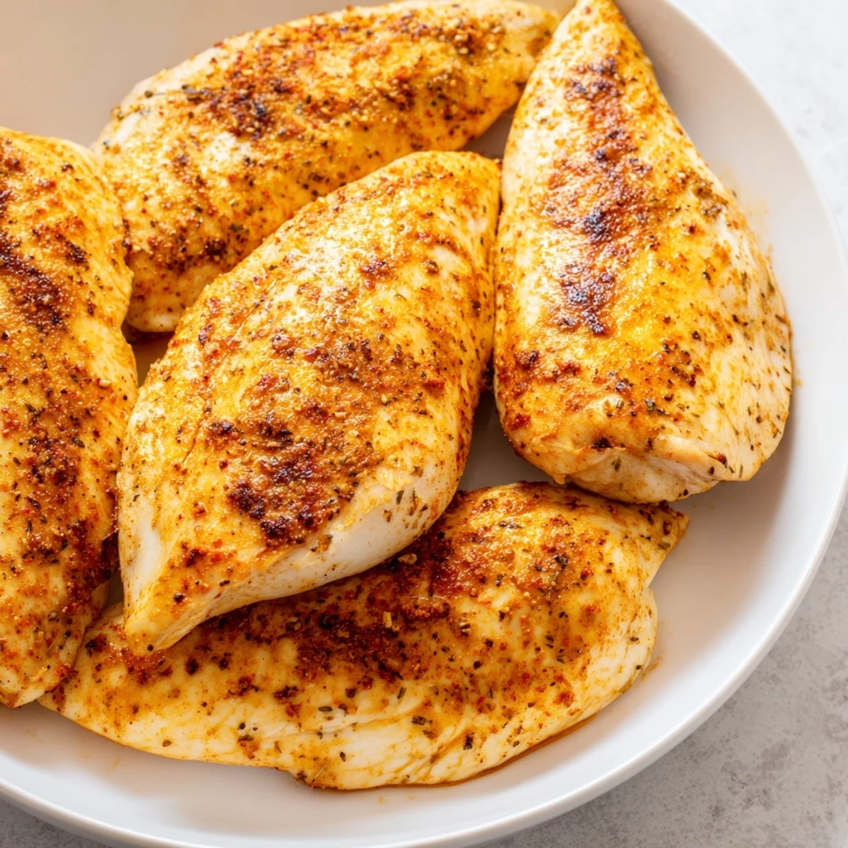 Golden brown Oven Baked Chicken Breasts rest on a white platter with fresh parsley garnish.
