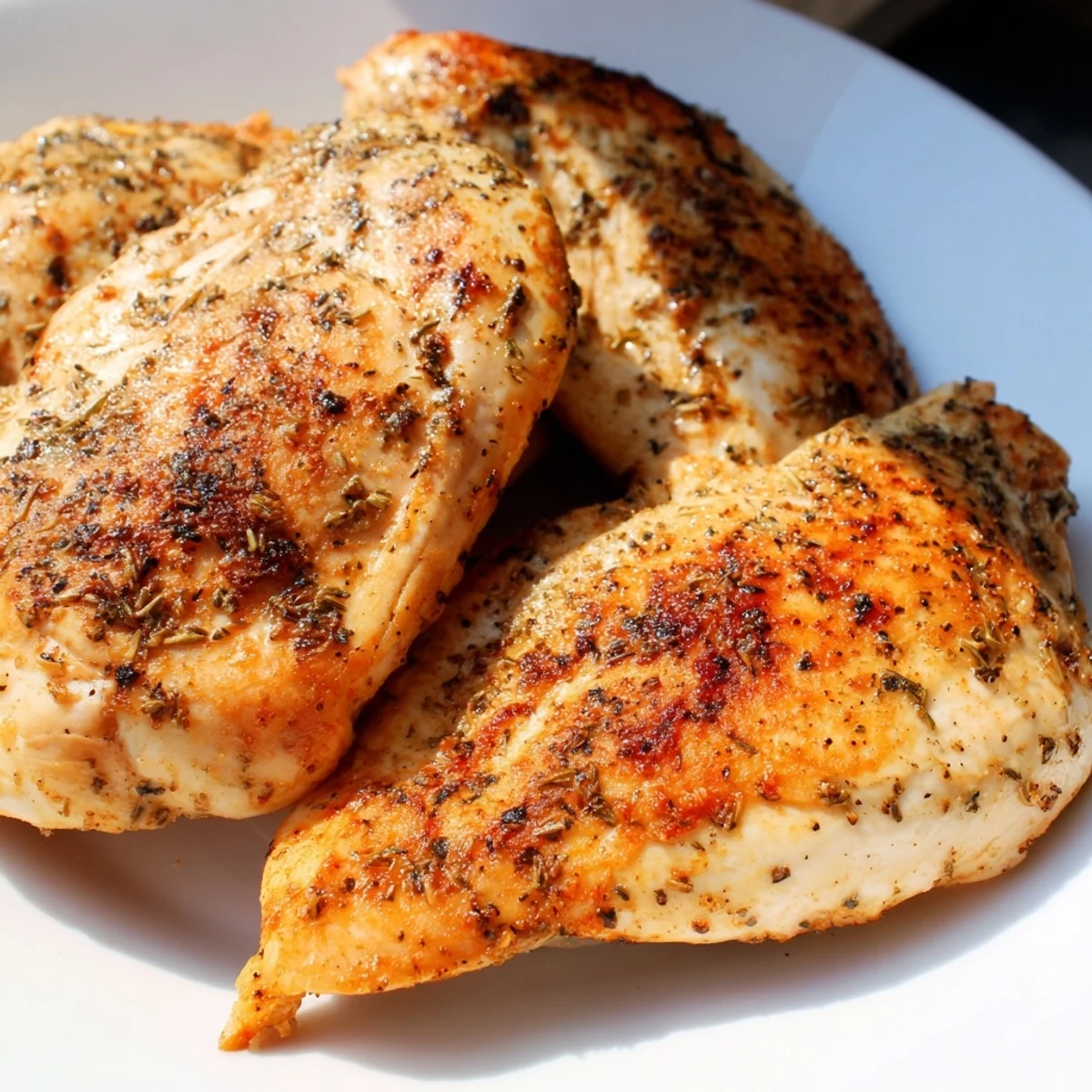 Tender Oven Baked Chicken Breasts served with roasted broccoli and a lemon wedge on the side.