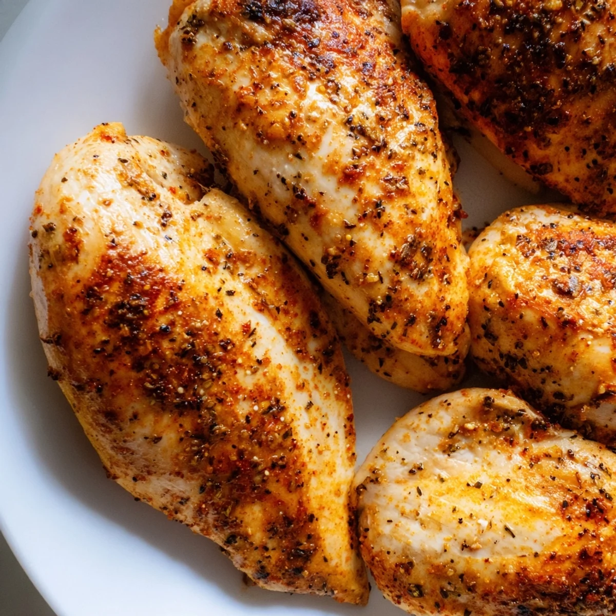 Juicy Oven Baked Chicken Breasts sliced on a cutting board next to seasonings and olive oil.