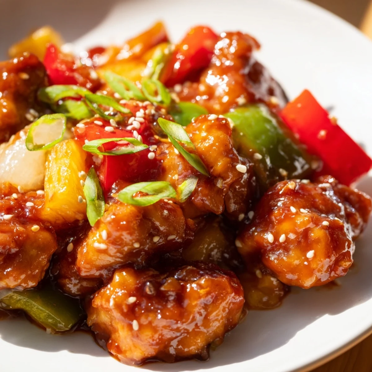 Golden Slow Cooker Hawaiian Pineapple Chicken pieces glazed in a sticky sauce with tender bell peppers and sweet pineapple chunks.